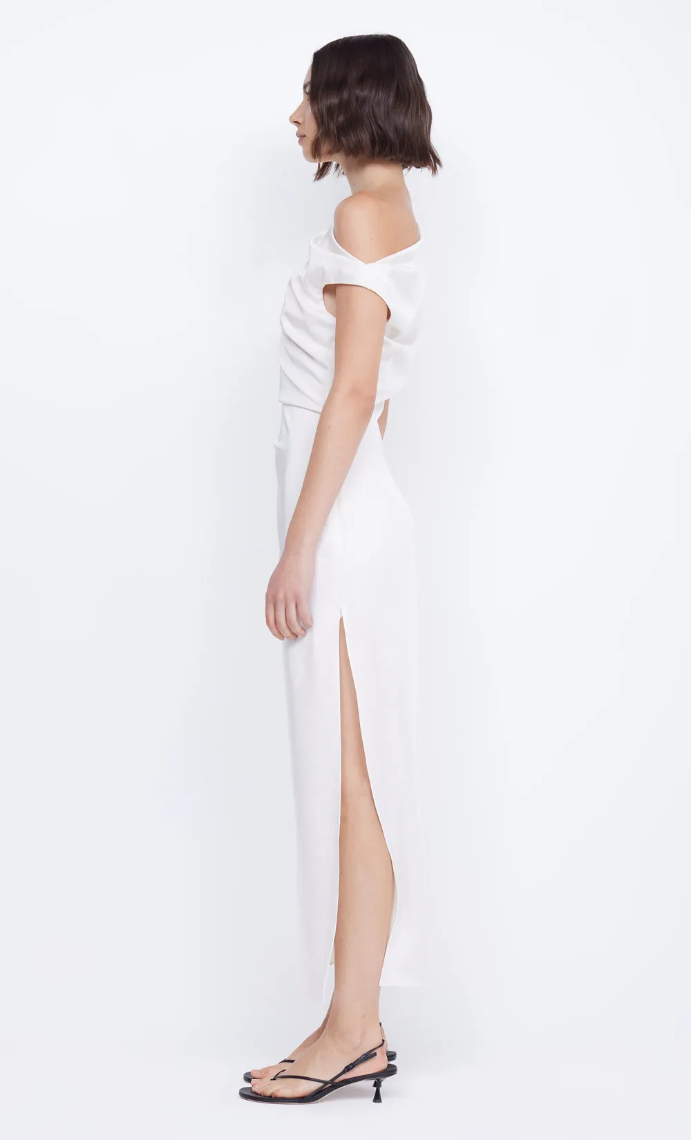 ROCHELLE ASYM MIDI DRESS - CREAM