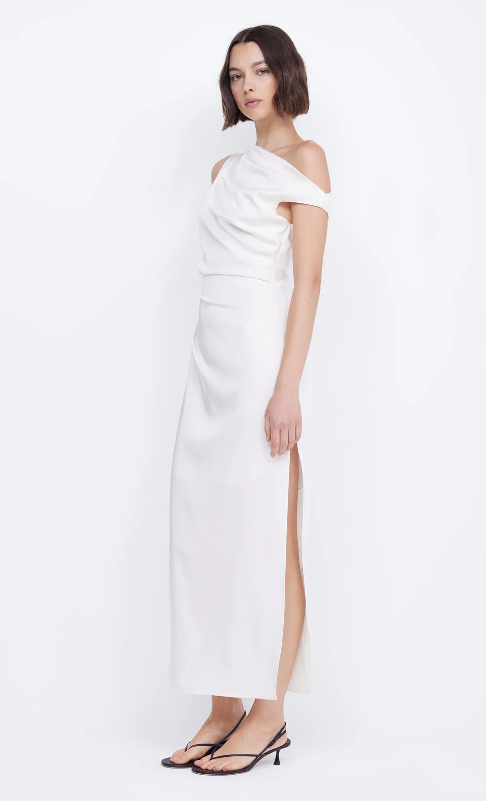 ROCHELLE ASYM MIDI DRESS - CREAM