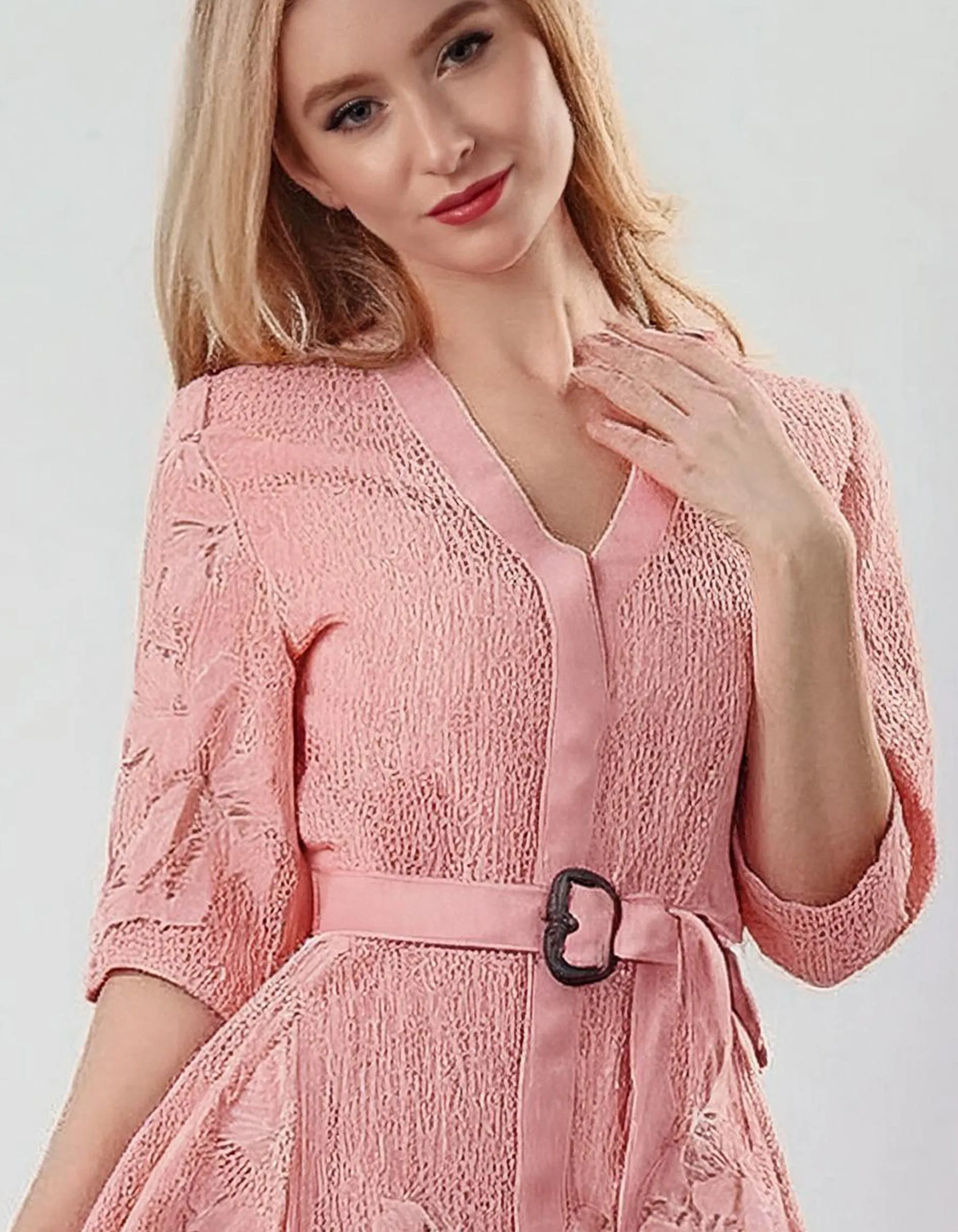 Romantic Pink Lace Midi Dress