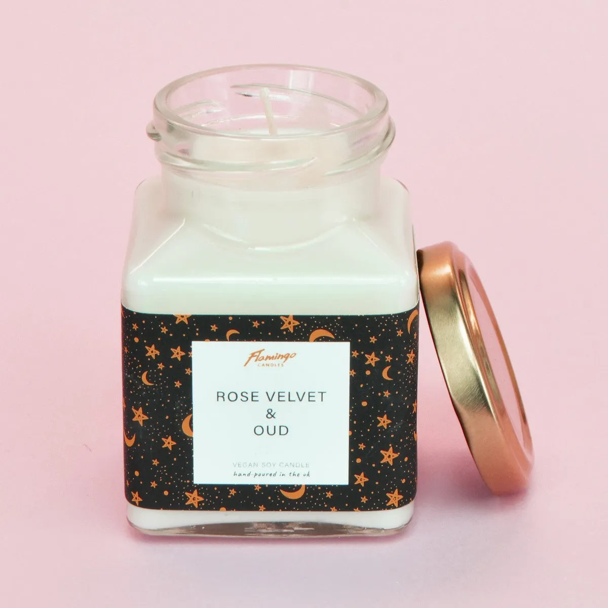 Rose Velvet & Oud Black Moon & Stars Print Midi Square Candle