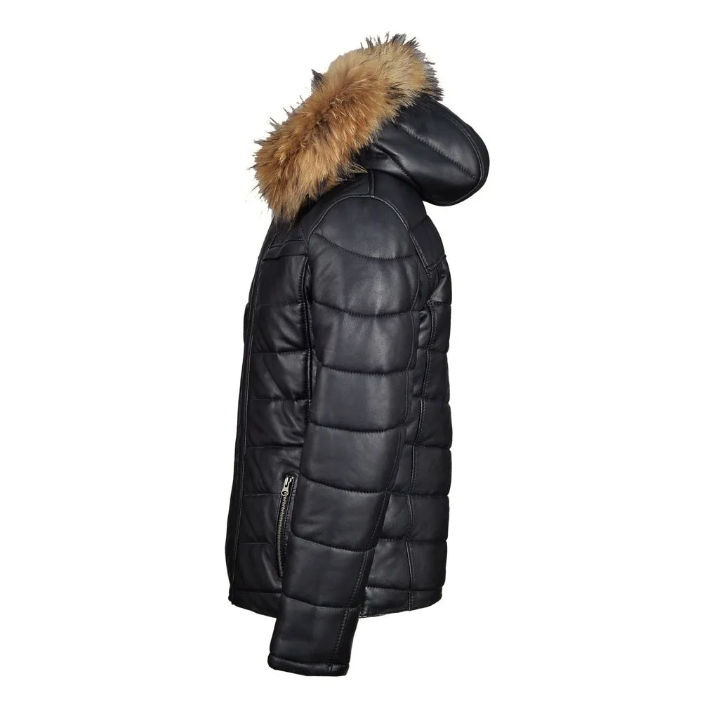 Rossi's polyfill winter leather jacket with fur on hoodie