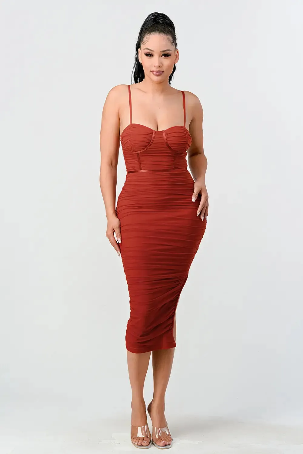 Rust Shirred Mesh Midi Dress