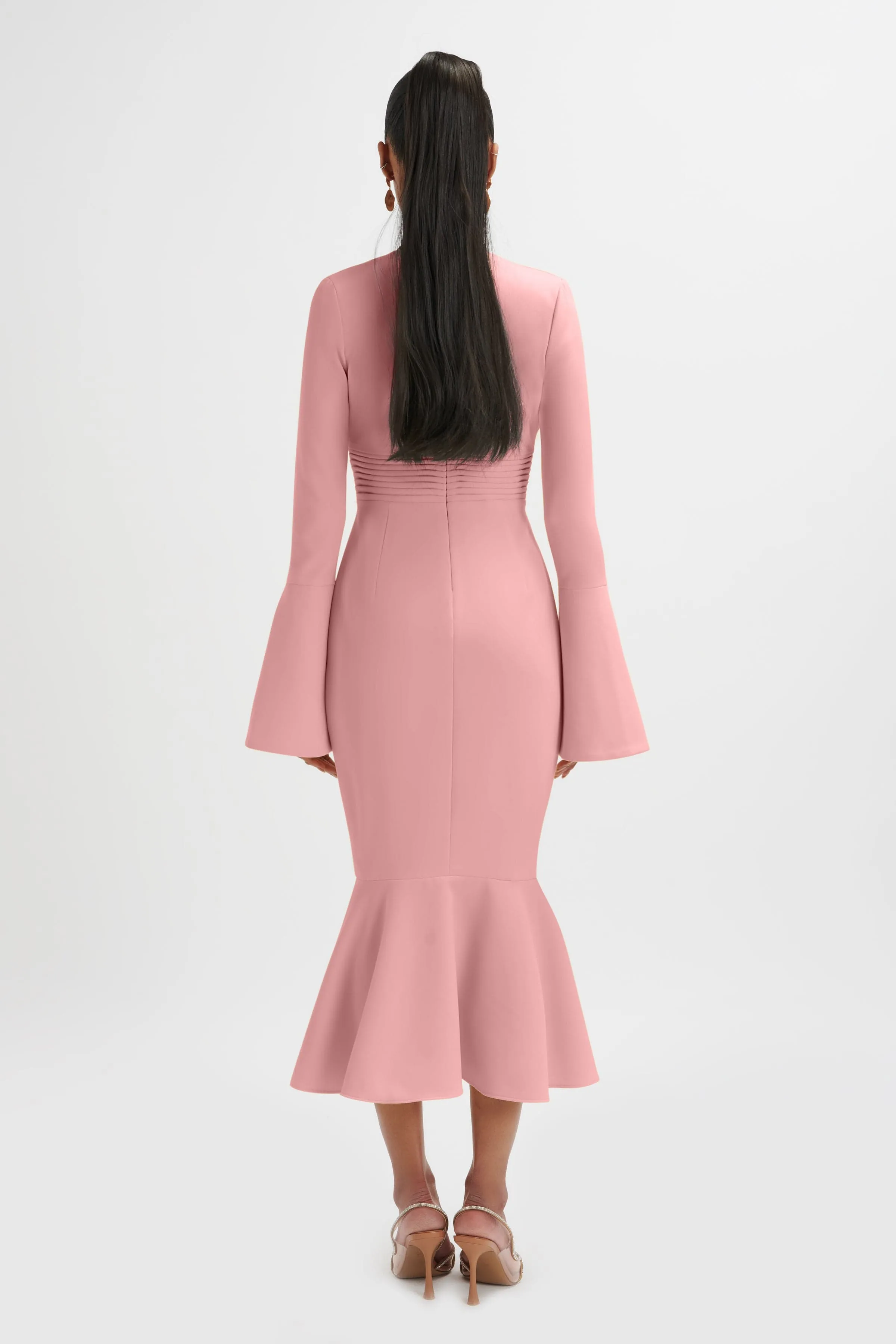 SALMA Fluted Sleeve Longline Fishtail Midi Dress In Pink