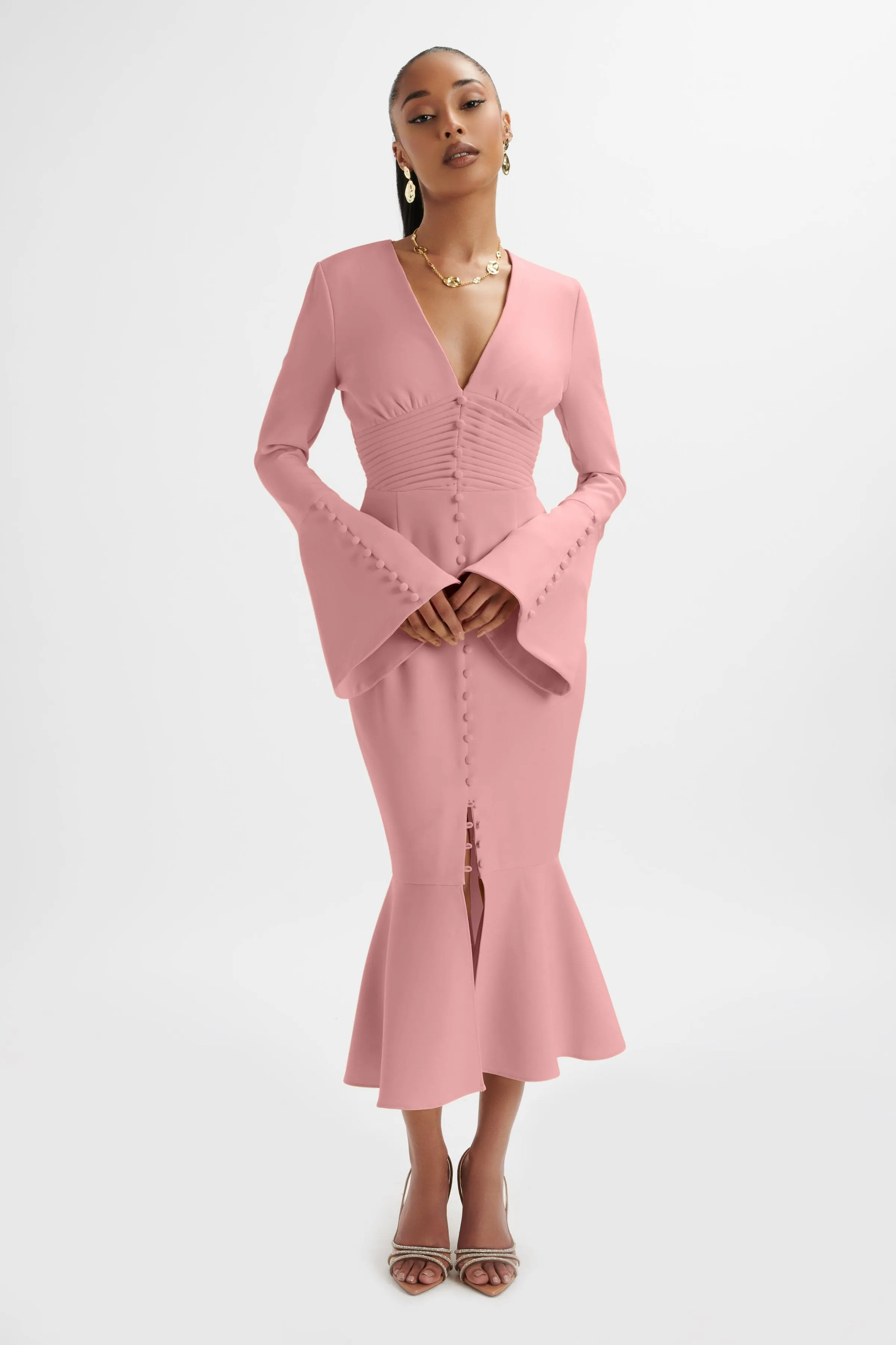 SALMA Fluted Sleeve Longline Fishtail Midi Dress In Pink