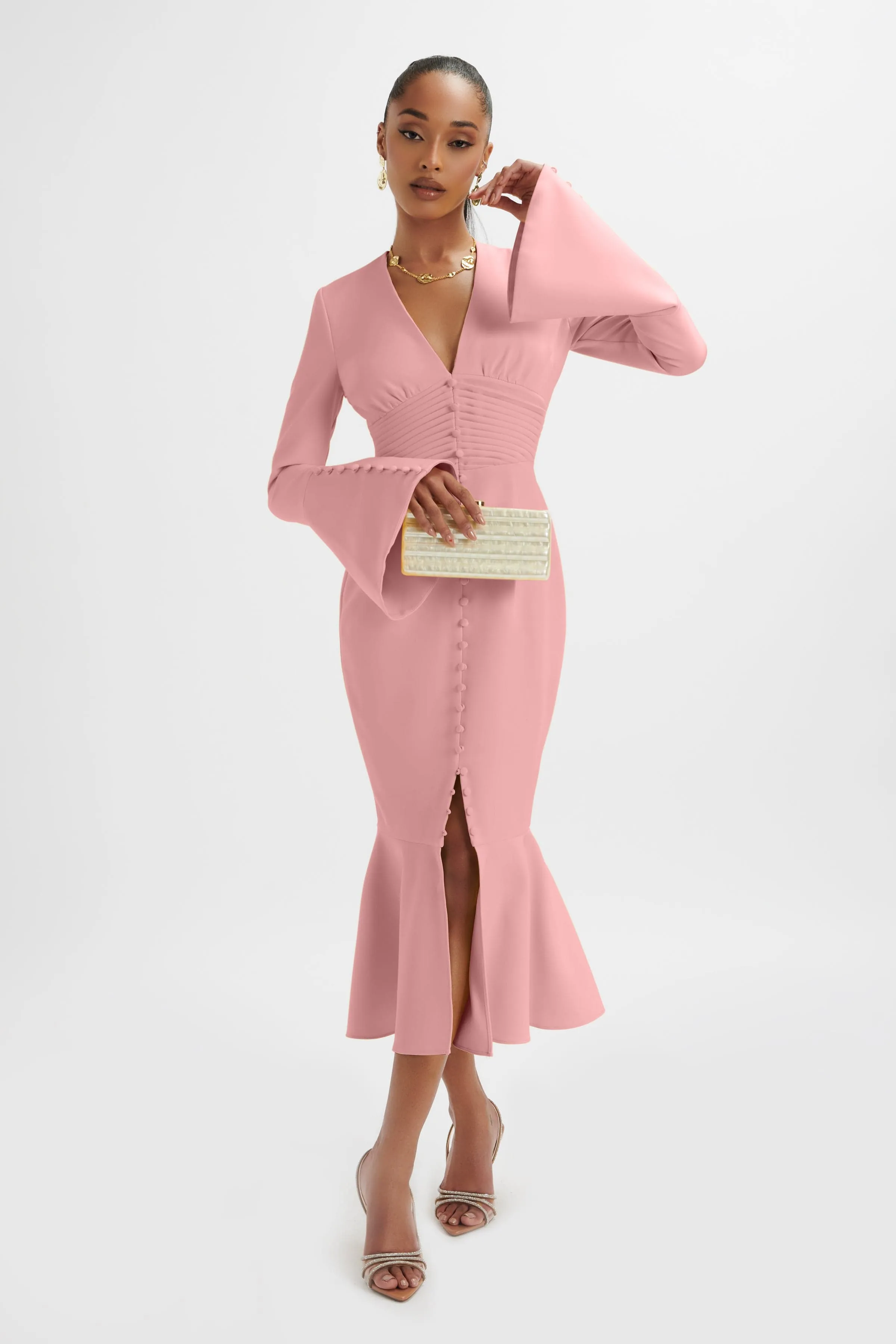 SALMA Fluted Sleeve Longline Fishtail Midi Dress In Pink