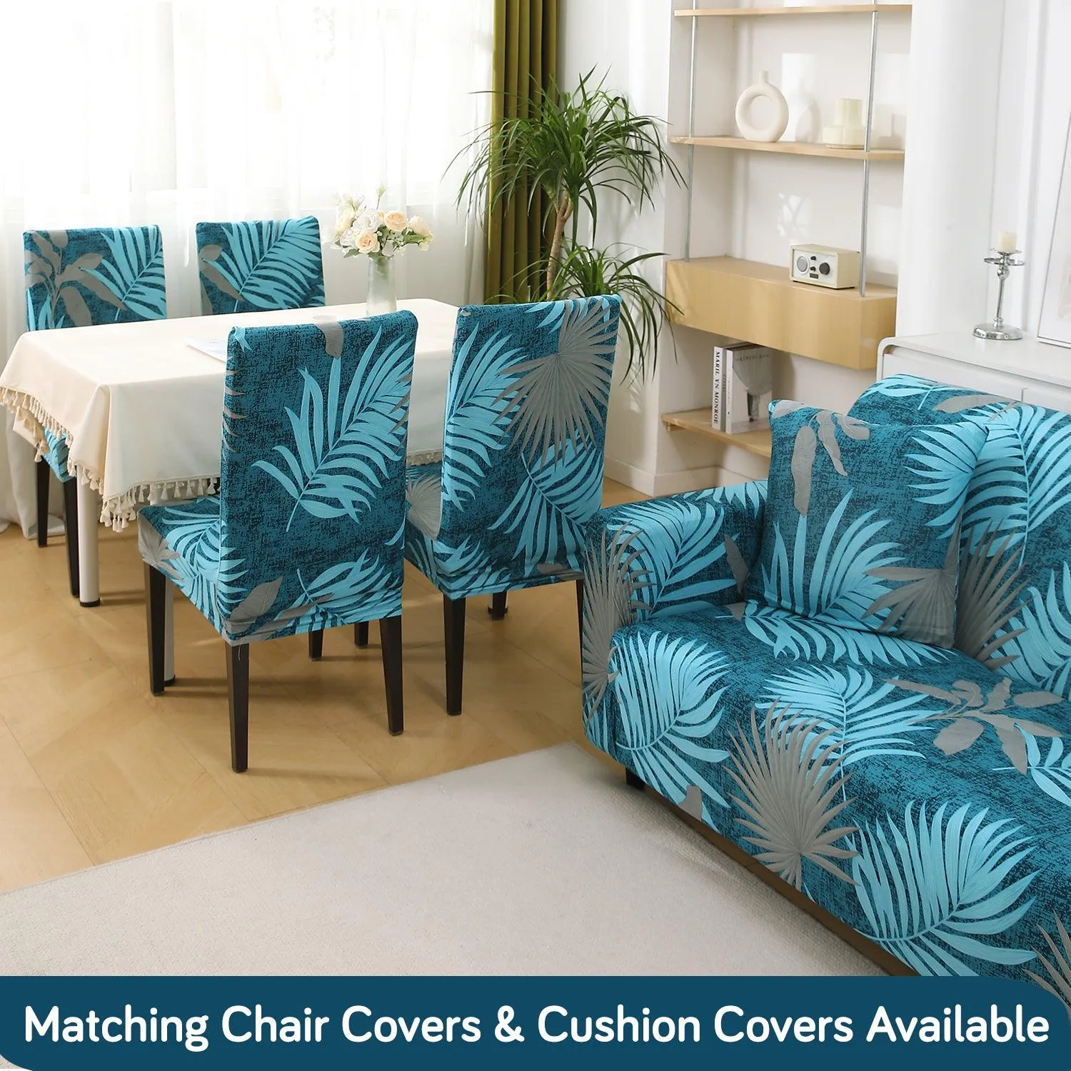 Sea Blue Tropical Leaves Printed Stretchable Sofa Cover