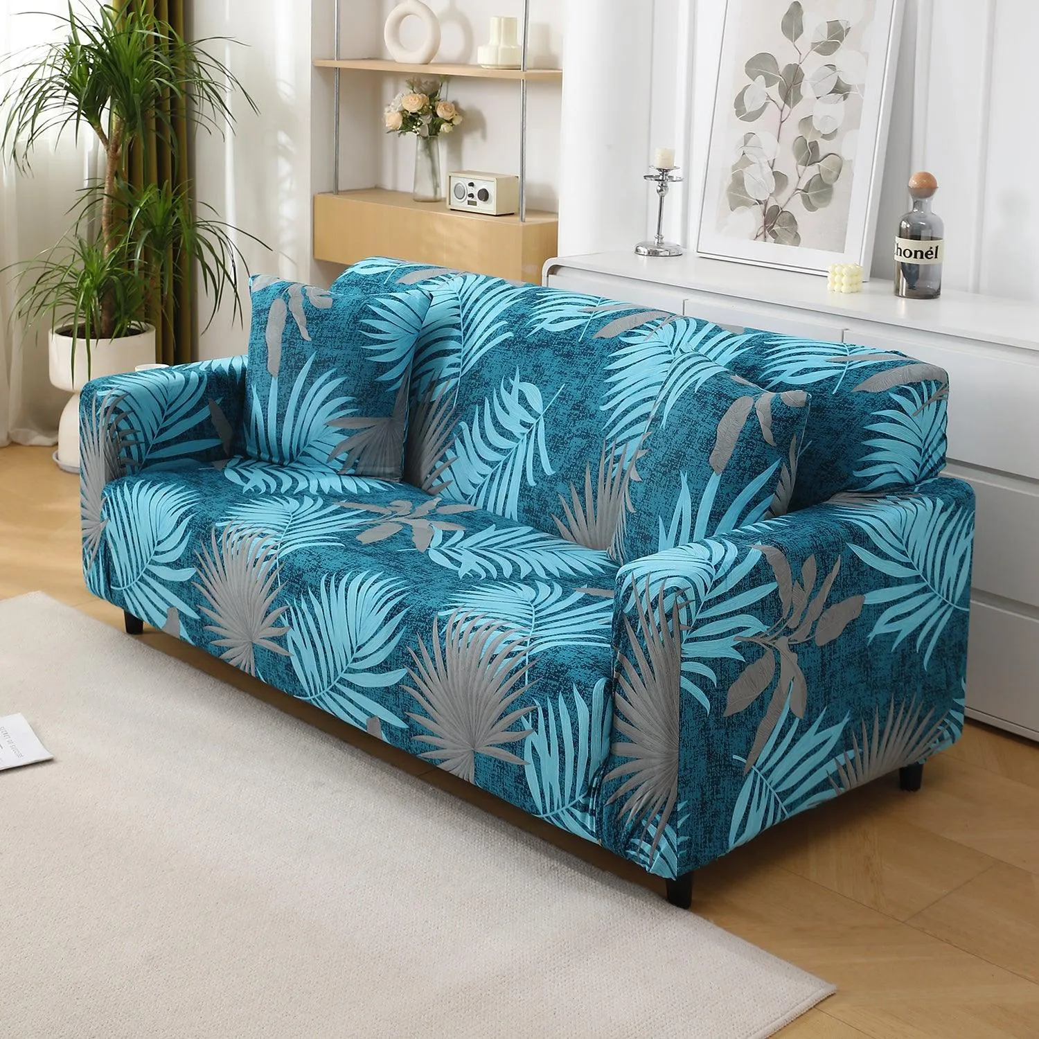 Sea Blue Tropical Leaves Printed Stretchable Sofa Cover