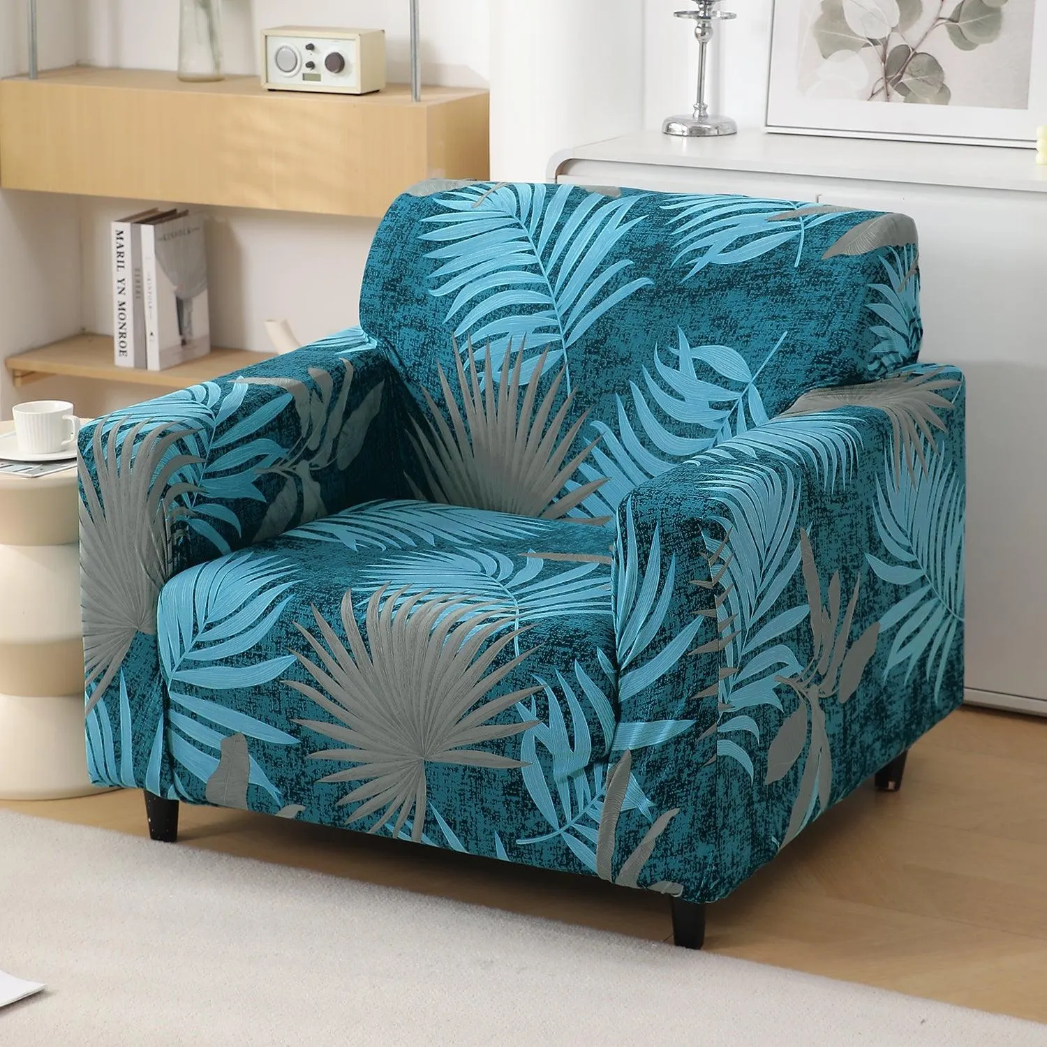 Sea Blue Tropical Leaves Printed Stretchable Sofa Cover