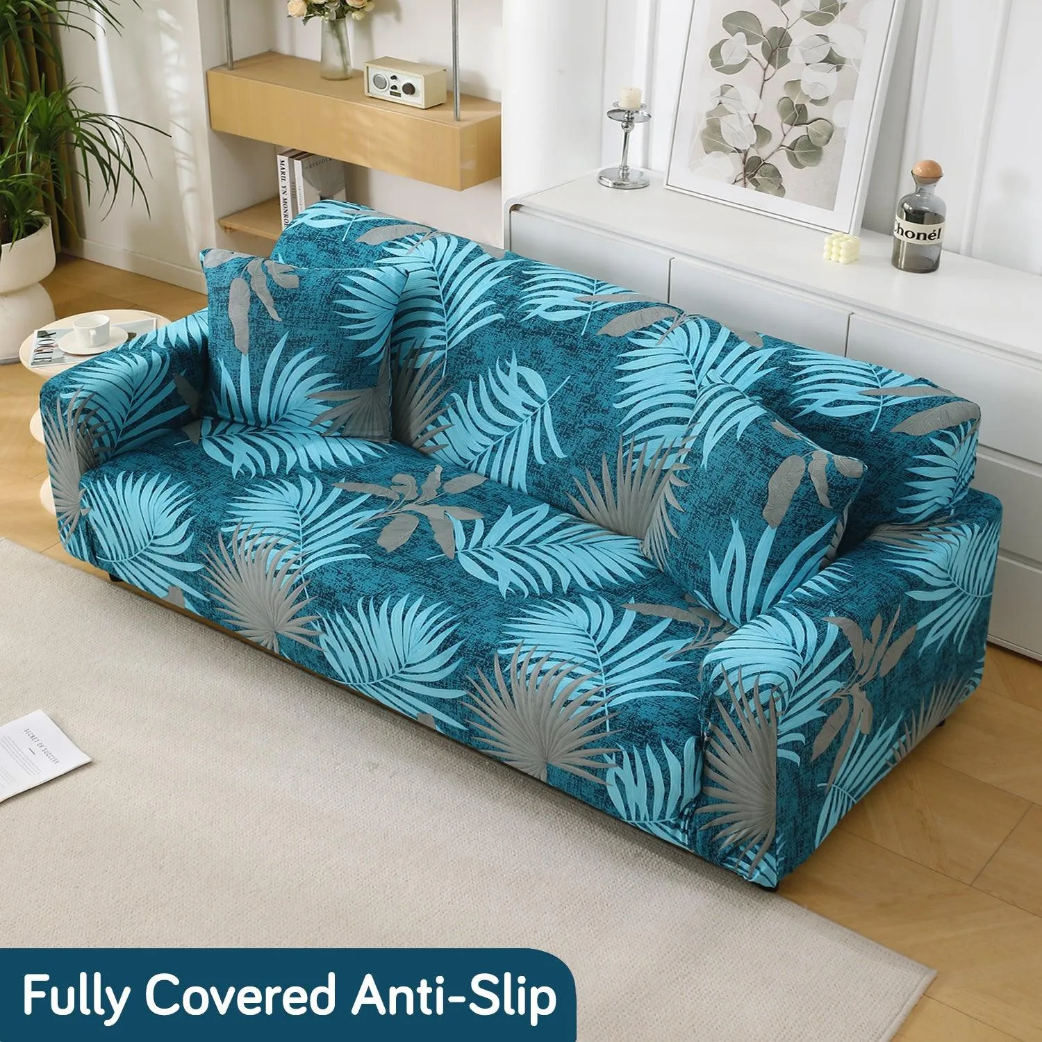 Sea Blue Tropical Leaves Printed Stretchable Sofa Cover