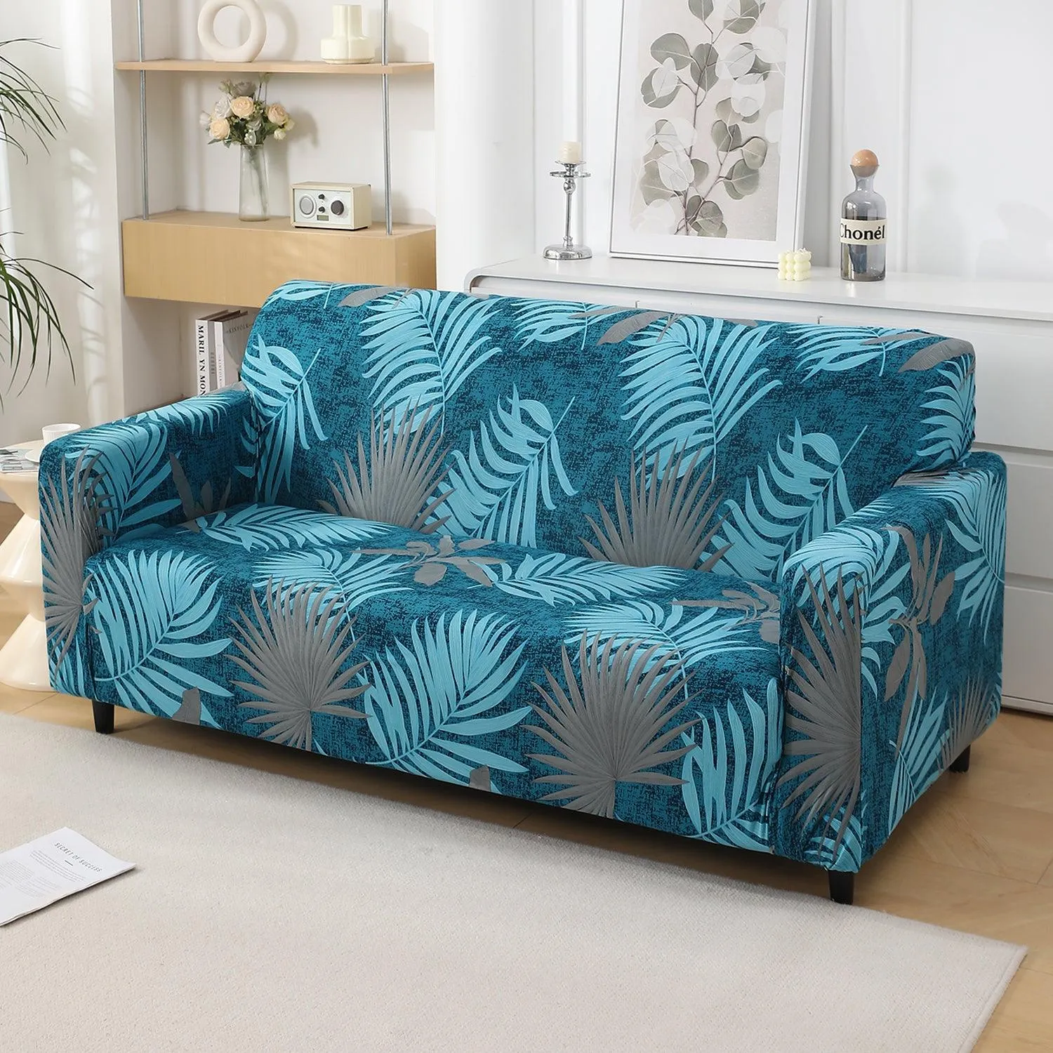 Sea Blue Tropical Leaves Printed Stretchable Sofa Cover