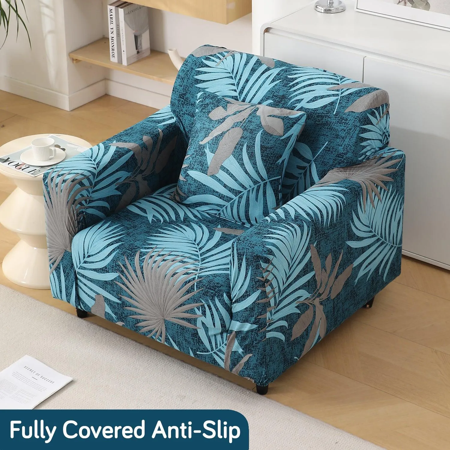 Sea Blue Tropical Leaves Printed Stretchable Sofa Cover