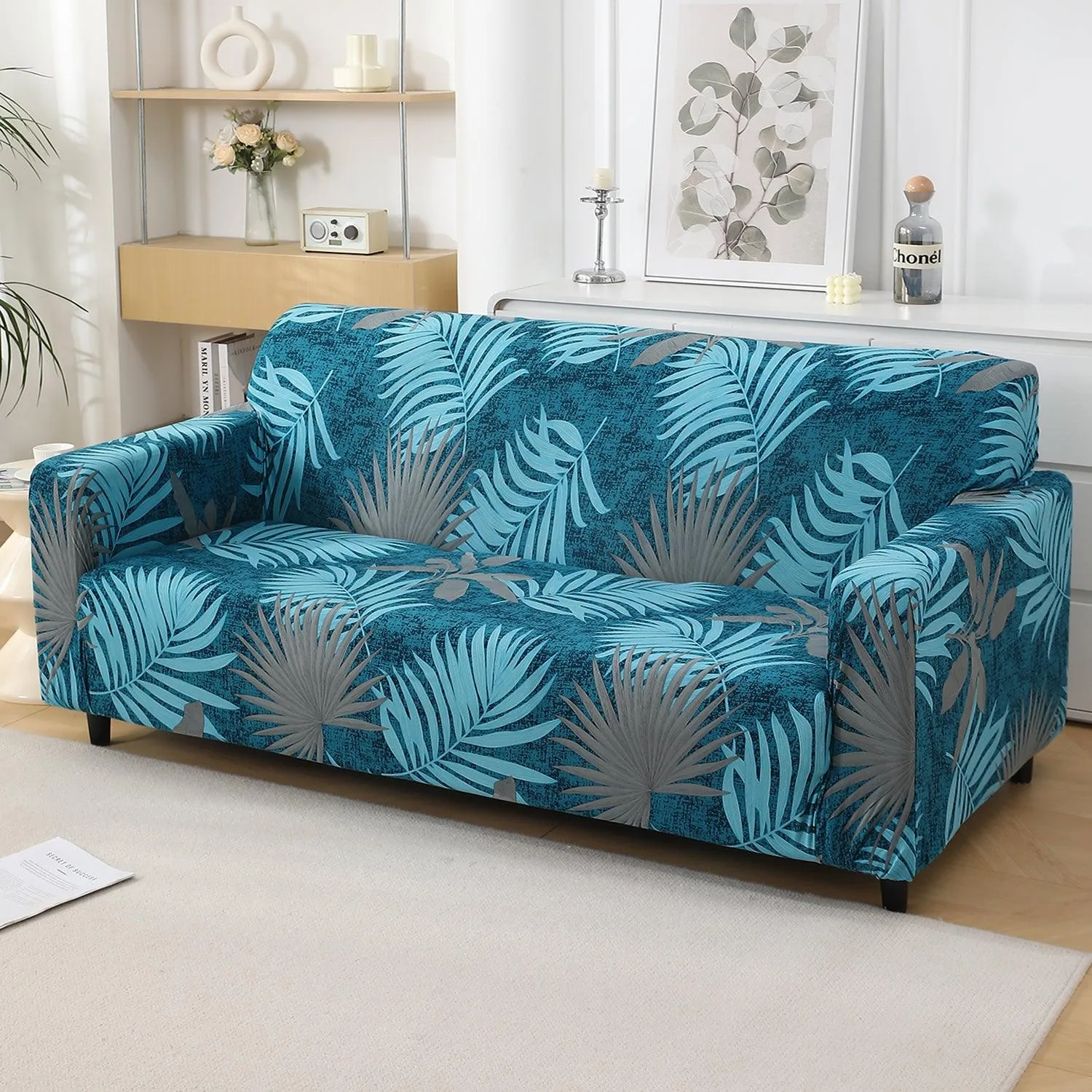 Sea Blue Tropical Leaves Printed Stretchable Sofa Cover