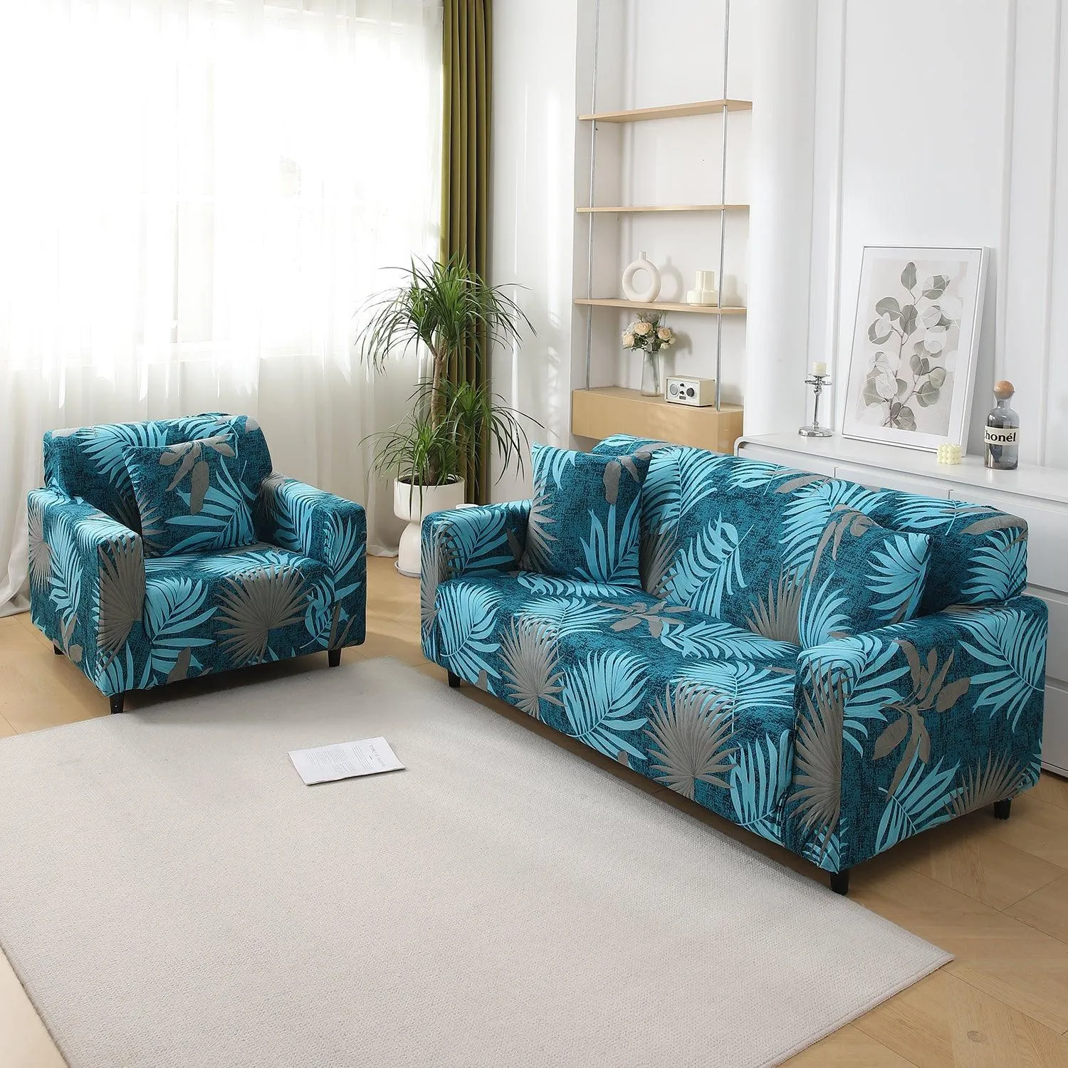 Sea Blue Tropical Leaves Printed Stretchable Sofa Cover