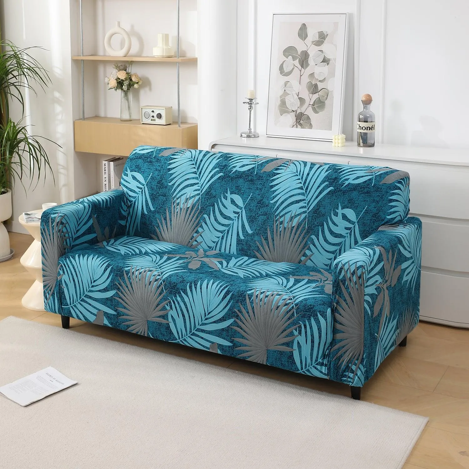 Sea Blue Tropical Leaves Printed Stretchable Sofa Cover