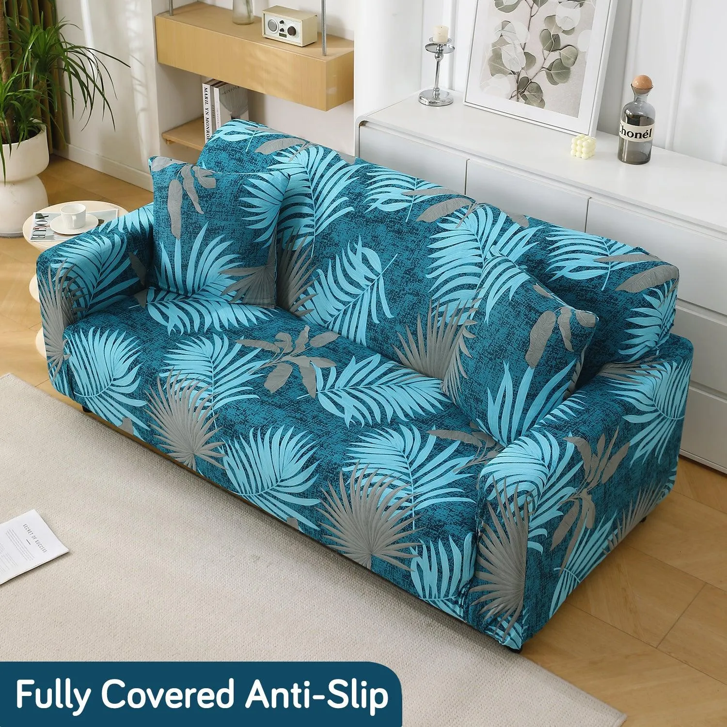 Sea Blue Tropical Leaves Printed Stretchable Sofa Cover