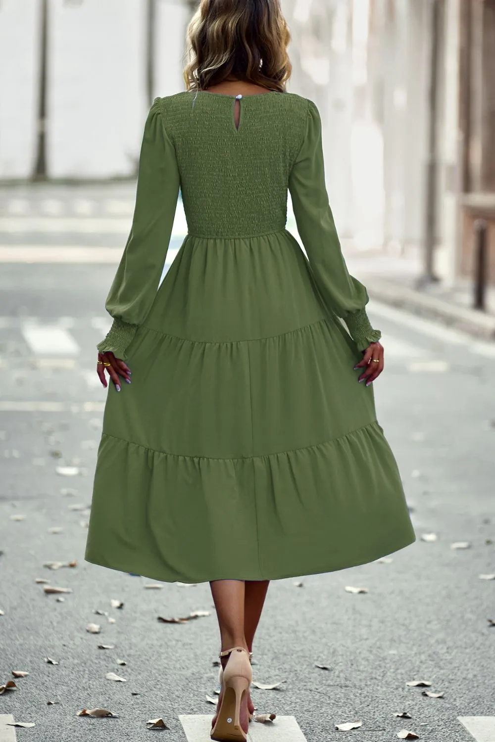 Smocked Long Puff Sleeve Tiered Midi Dress