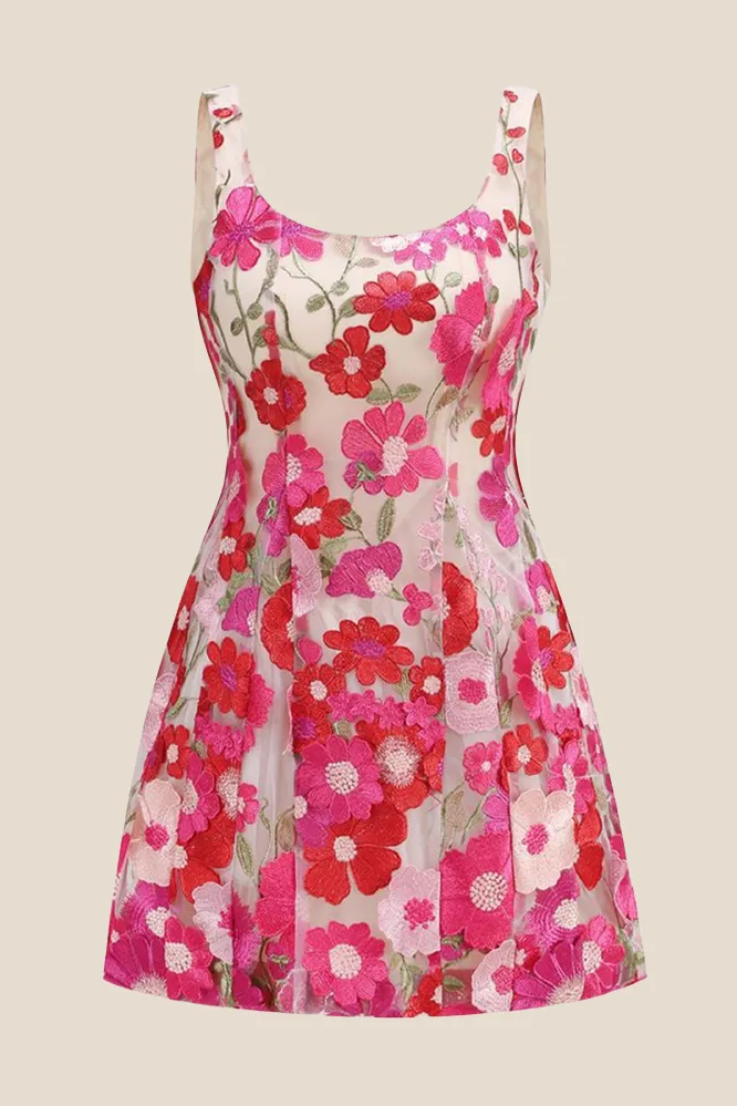 Straps Floral Appliques A-line Short Dress