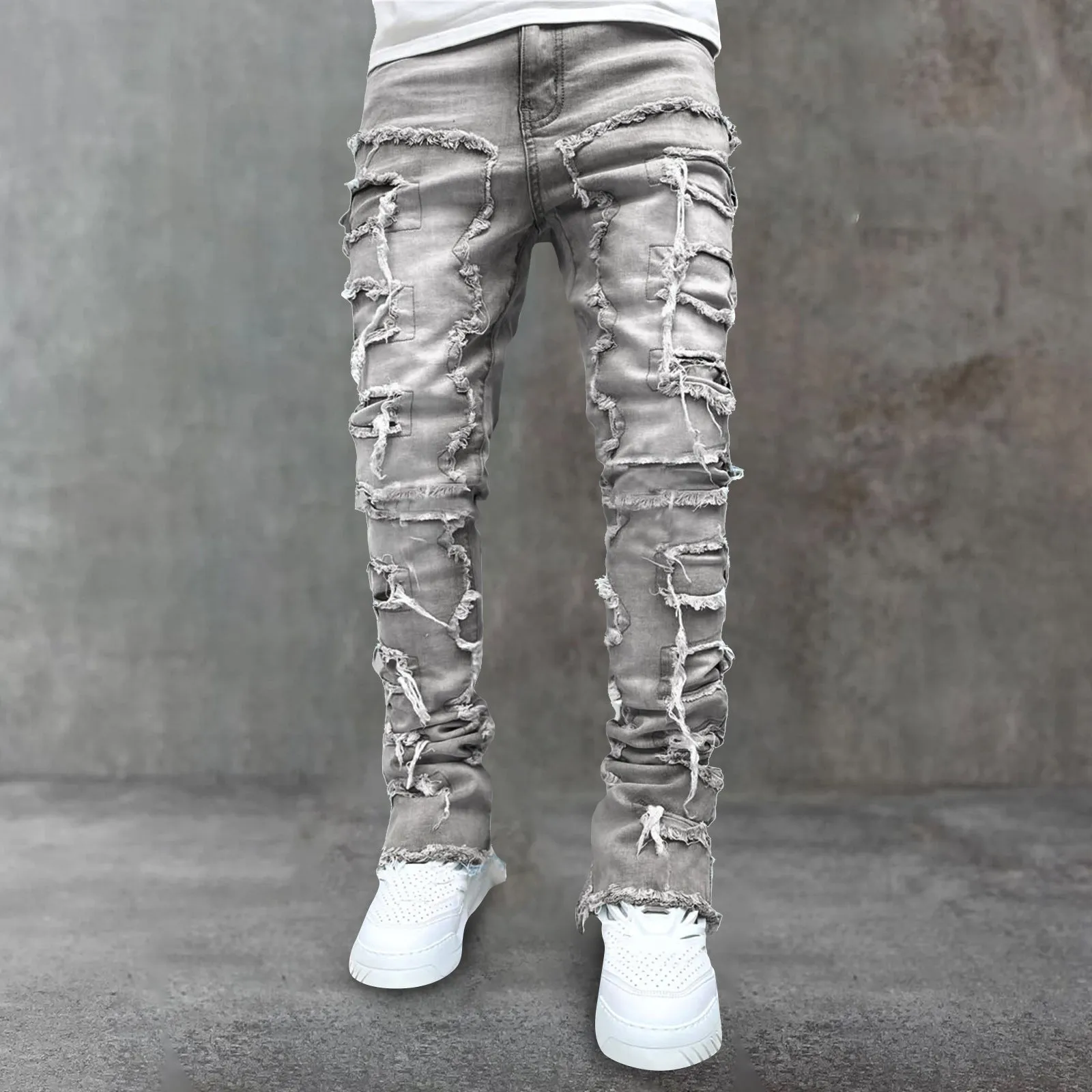 Street fashion stretch patch denim straight pants