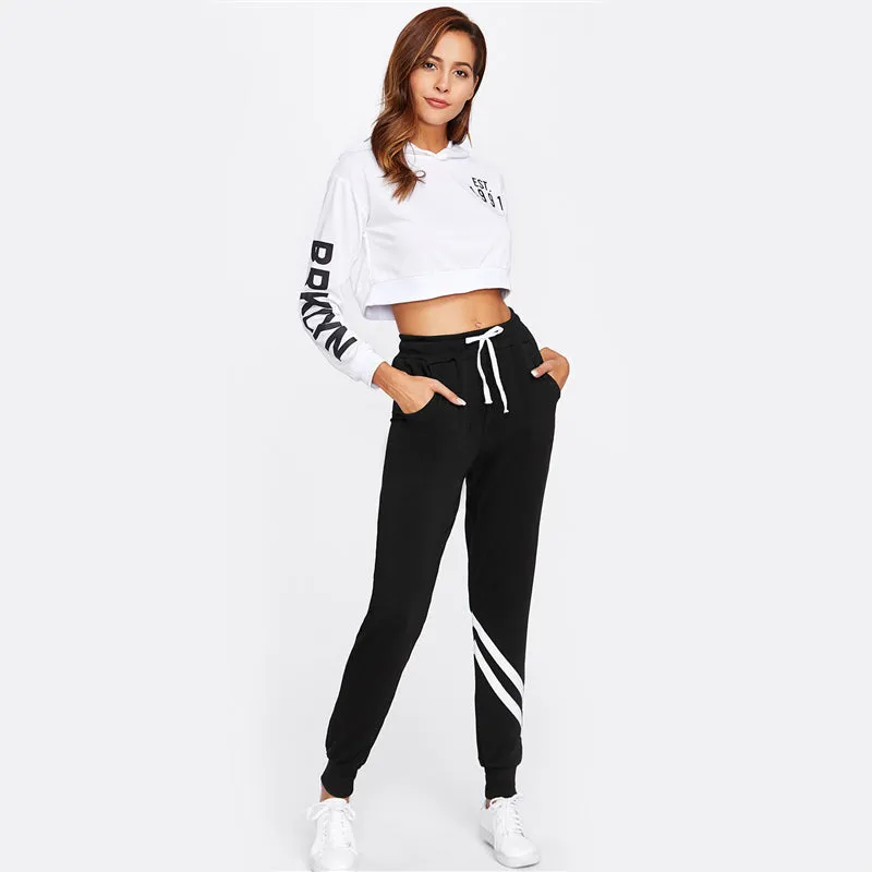 Striped Trim Palazzo Sweatpants - Black