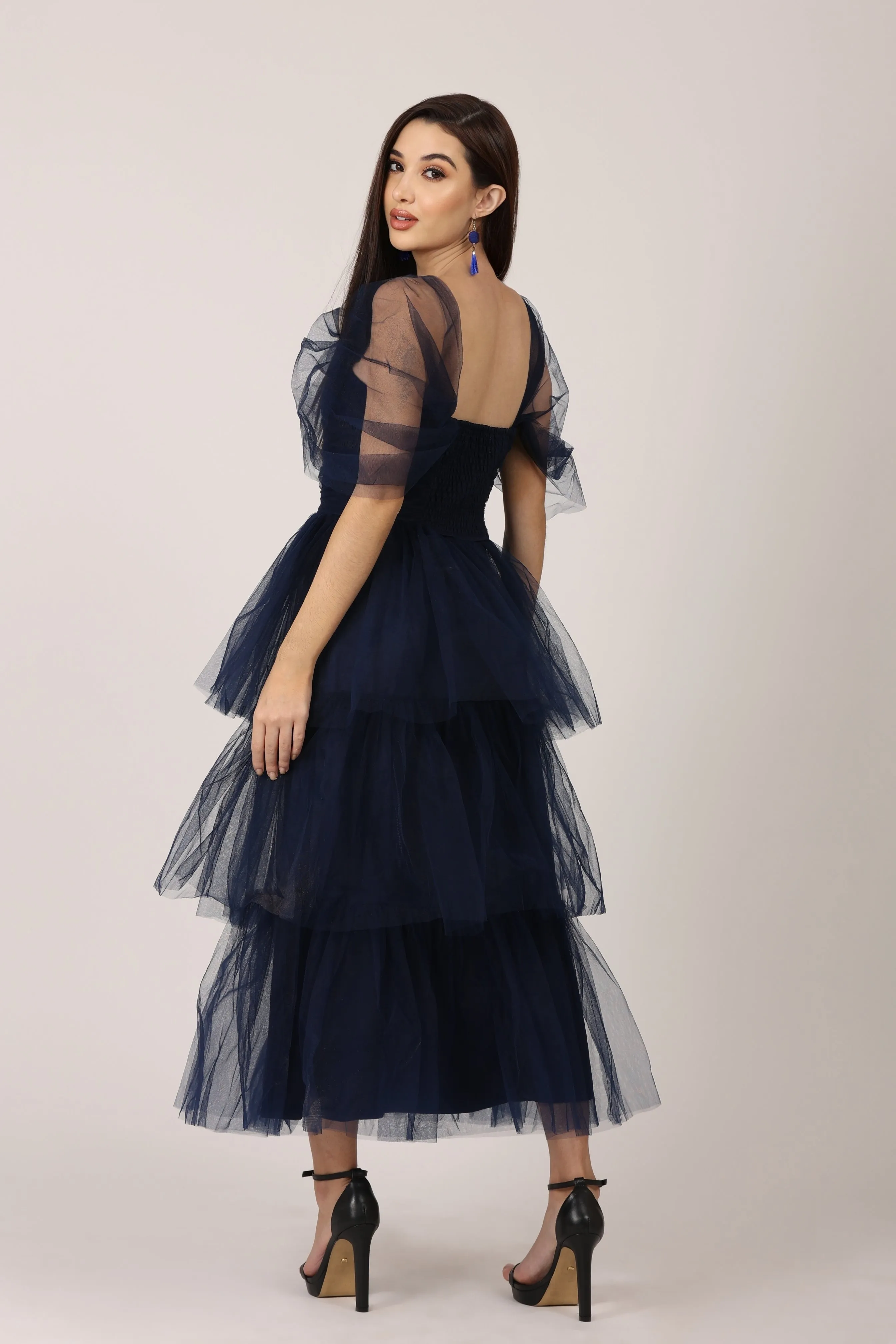 Sydney Tulle Midi Dress in Navy