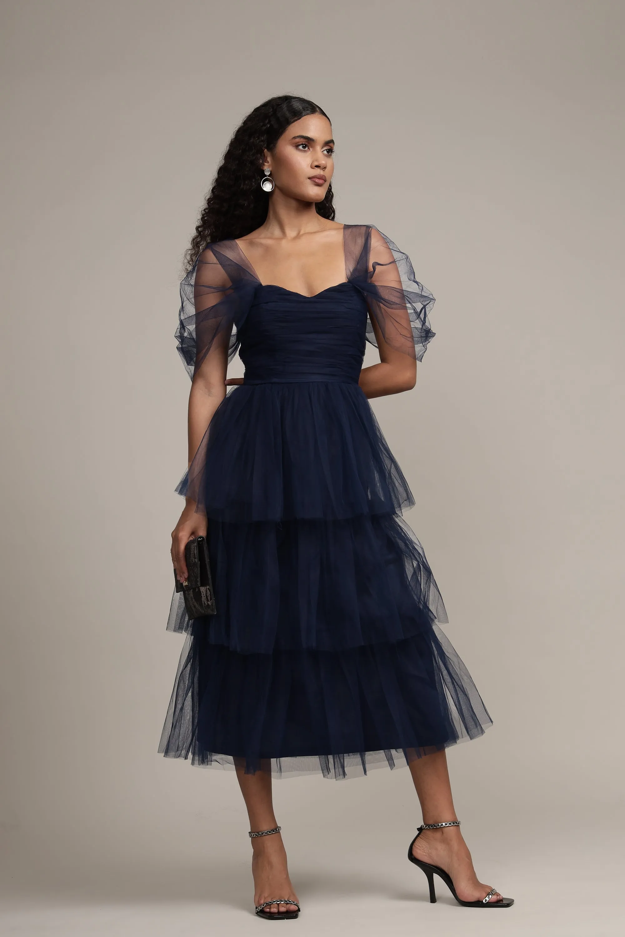 Sydney Tulle Midi Dress in Navy