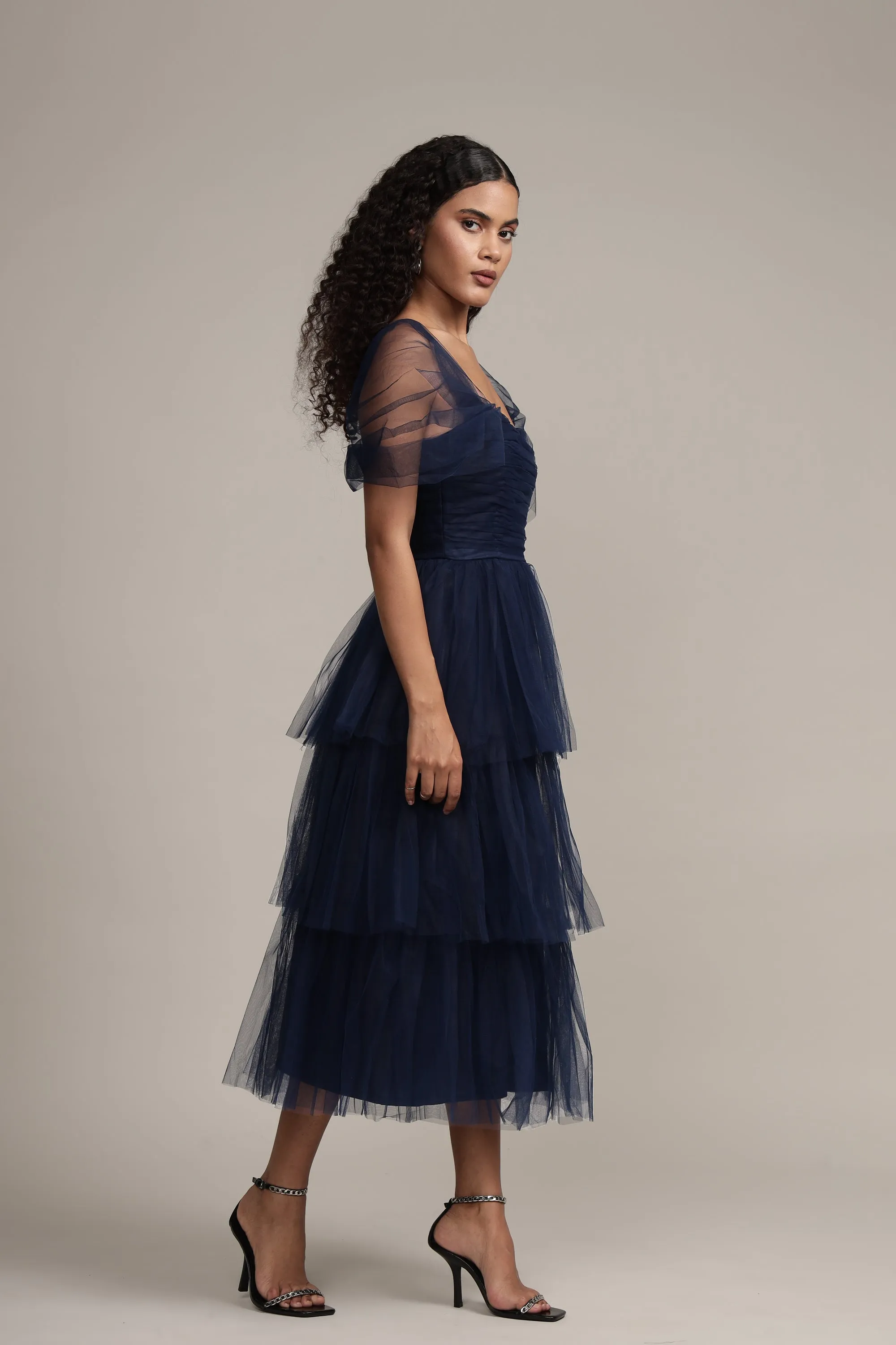 Sydney Tulle Midi Dress in Navy