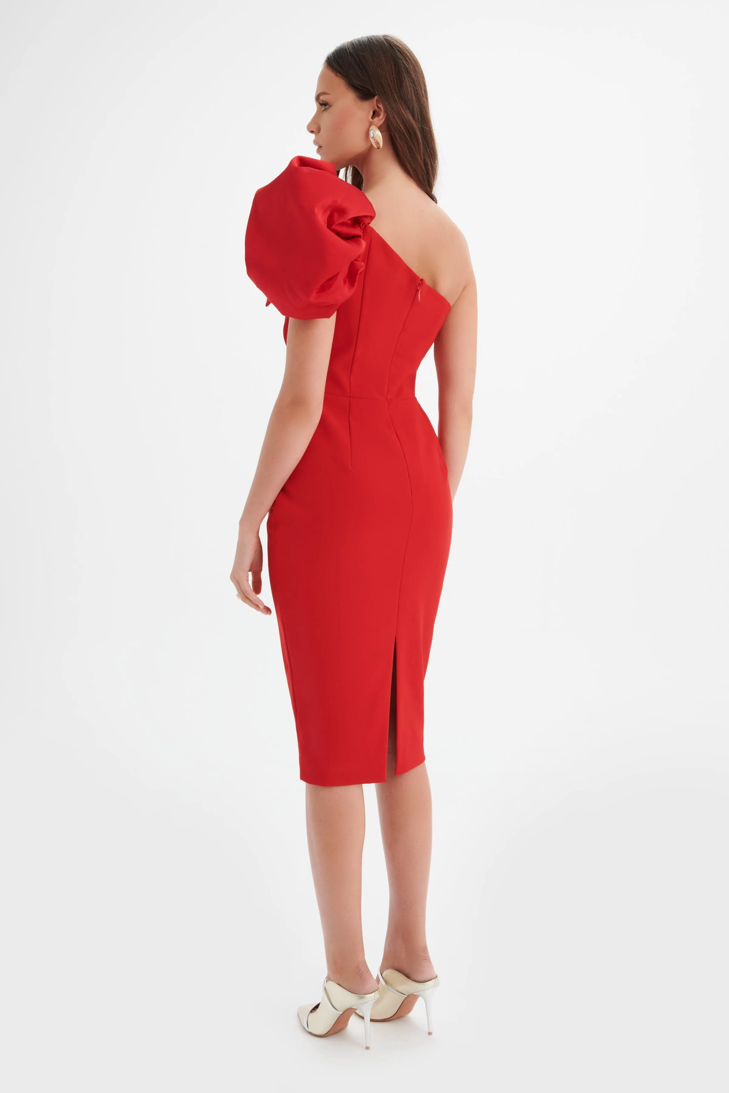 TAYTE One Shoulder Detail Midi Dress in Red