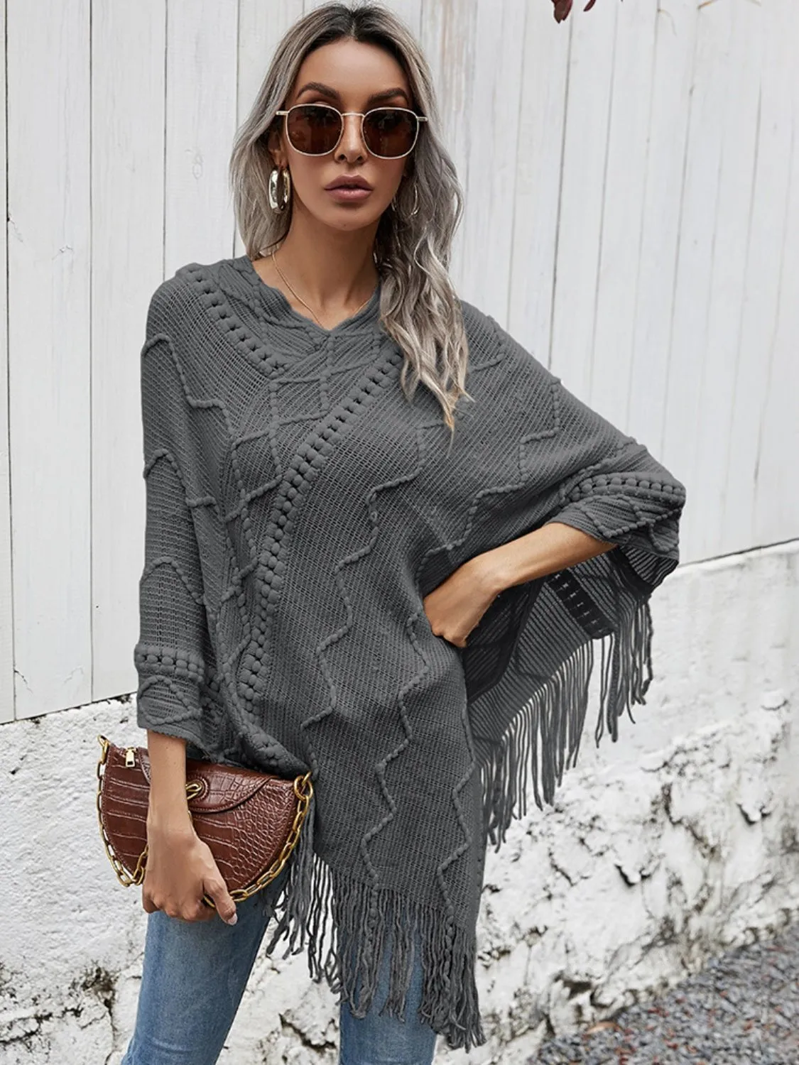 Texture Fringe Hem Poncho