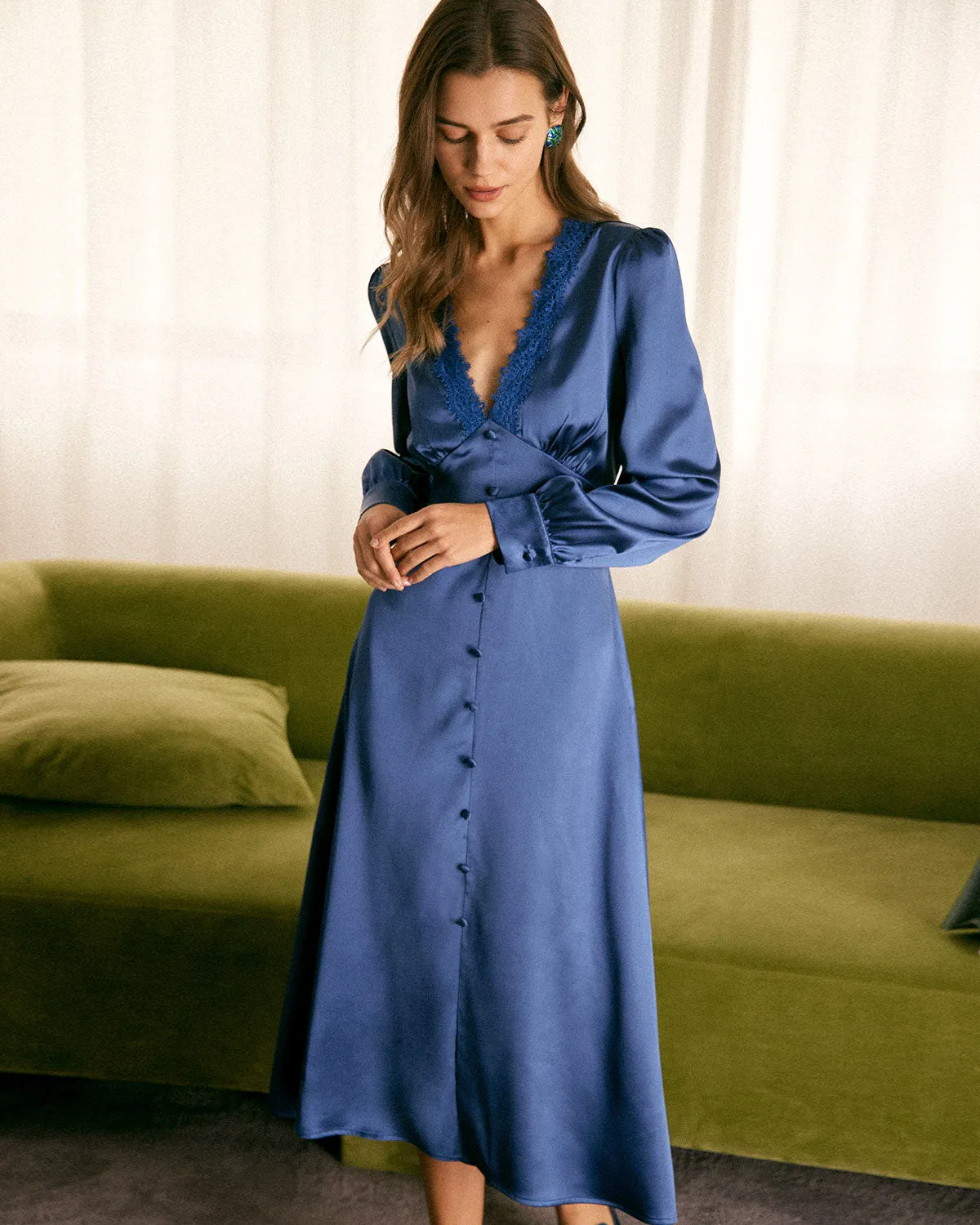 The Blue Deep V Neck Lace Satin Midi Dress