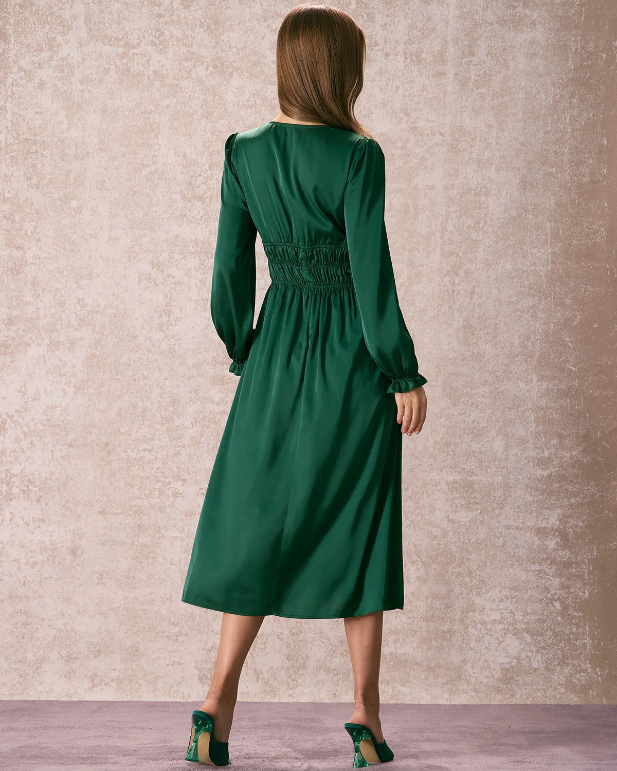 The Green V Neck Ruched Satin Midi Dress