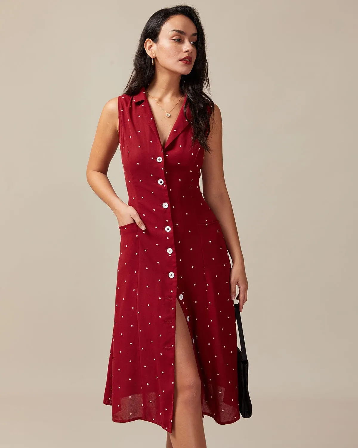 The Red V Neck Polka Dot Tie Back Midi Dress