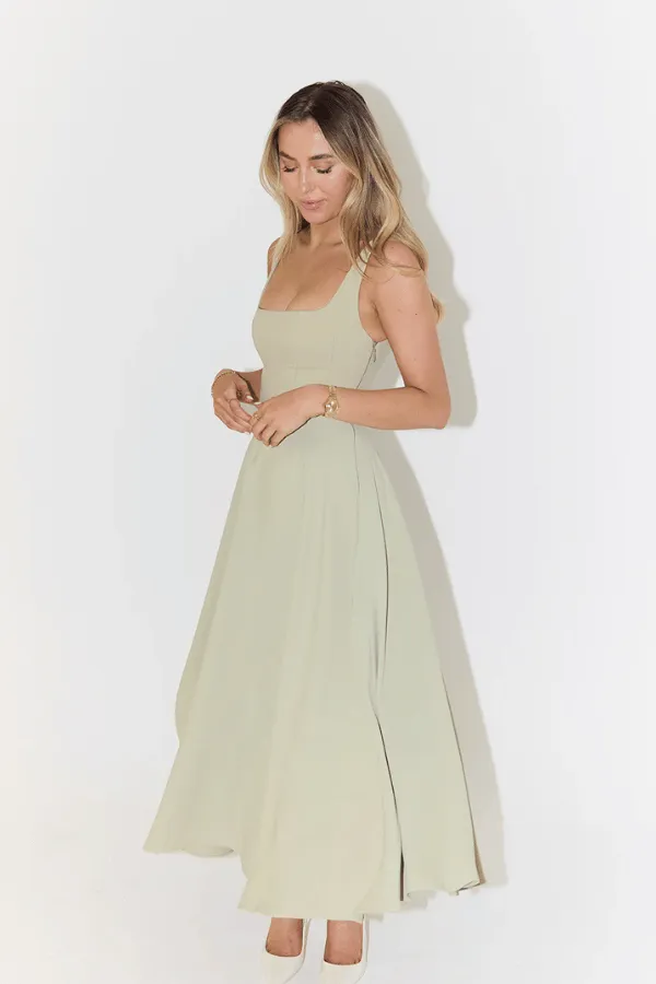 The Ultimate Muse High Waist Square Neck Midi Dress Sage