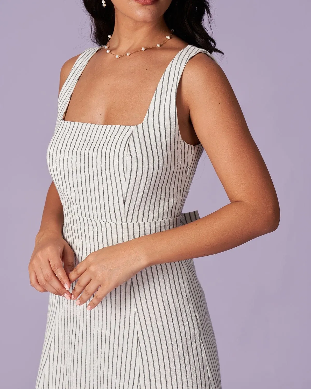 The White Square Neck Striped Midi Dress