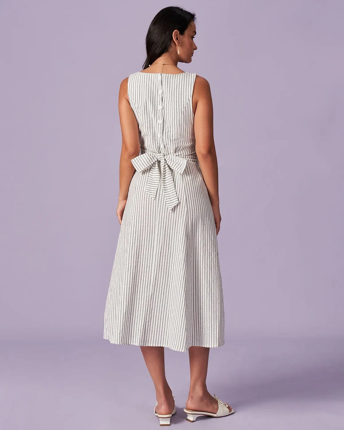 The White Square Neck Striped Midi Dress