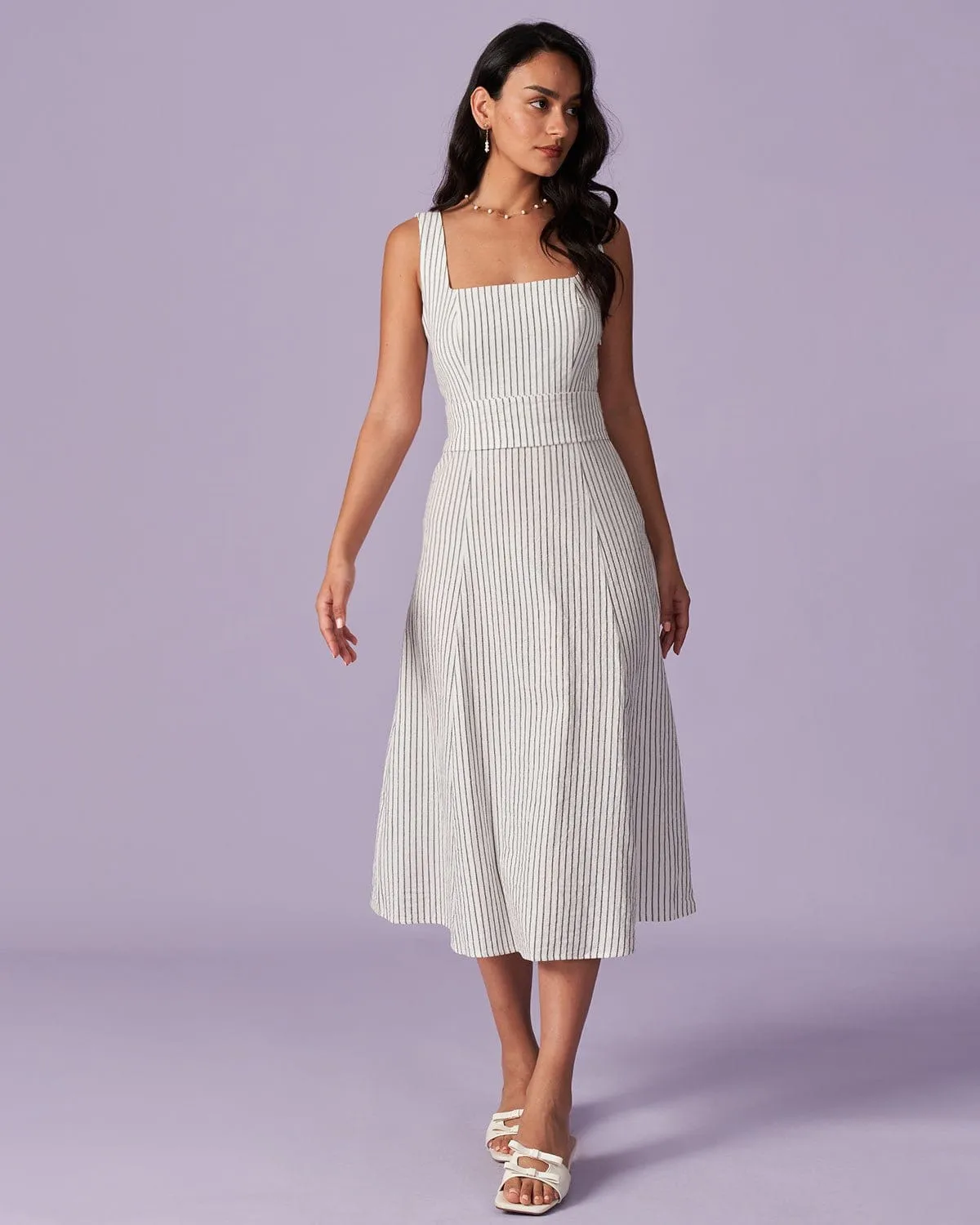 The White Square Neck Striped Midi Dress