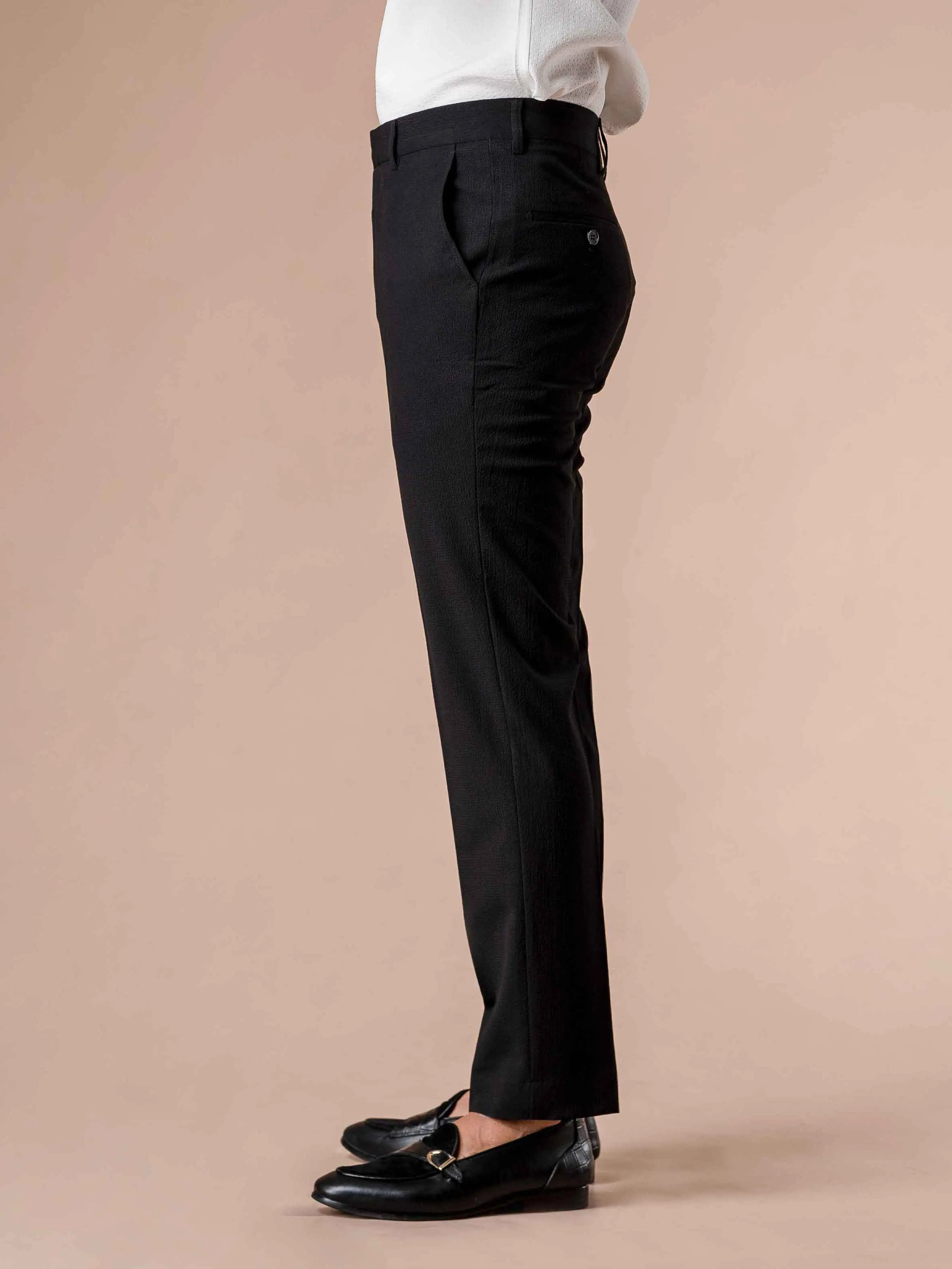 Trousers With Belt Loop - Seersucker Black Plain (Stretchable)