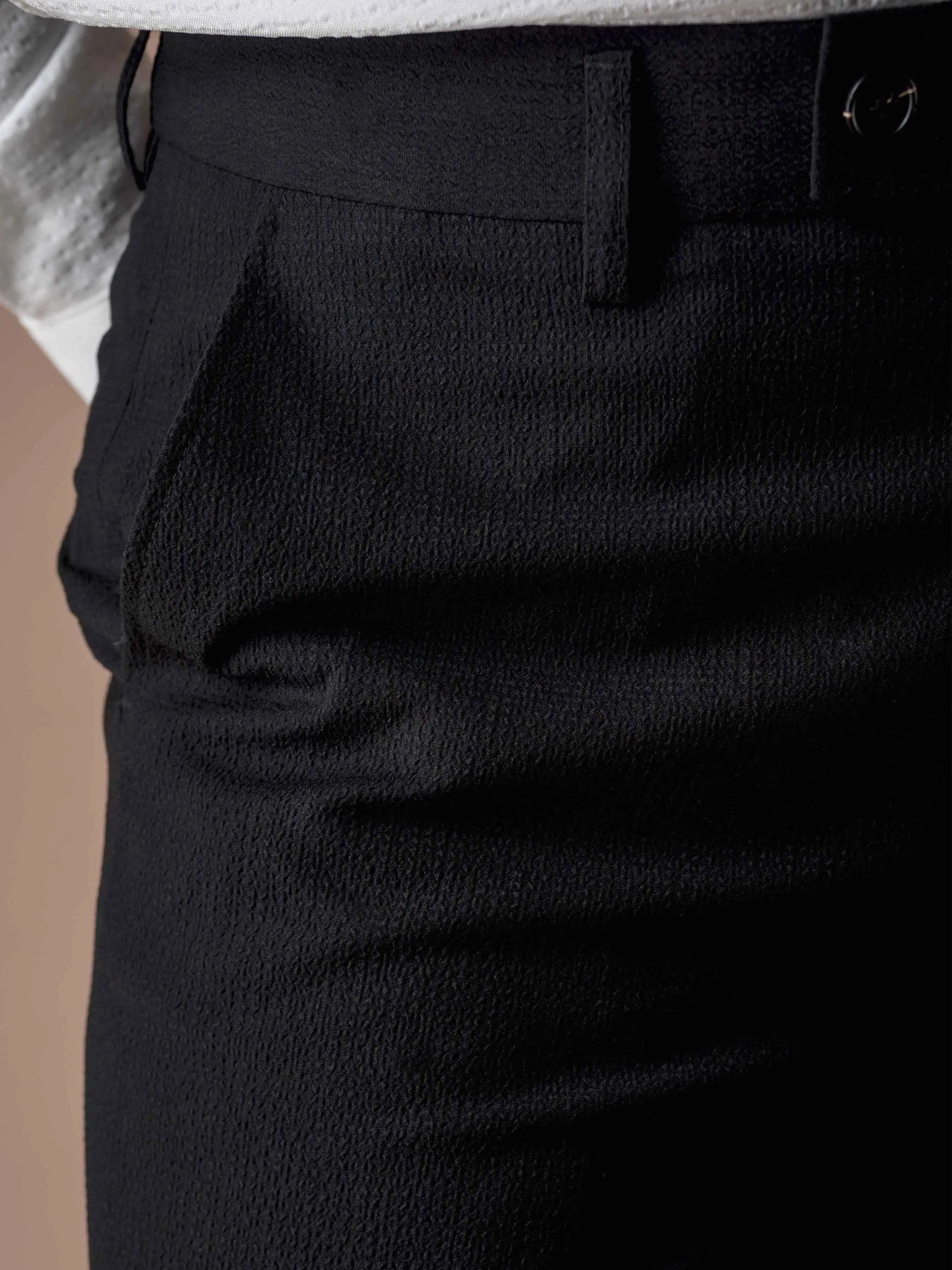 Trousers With Belt Loop - Seersucker Black Plain (Stretchable)