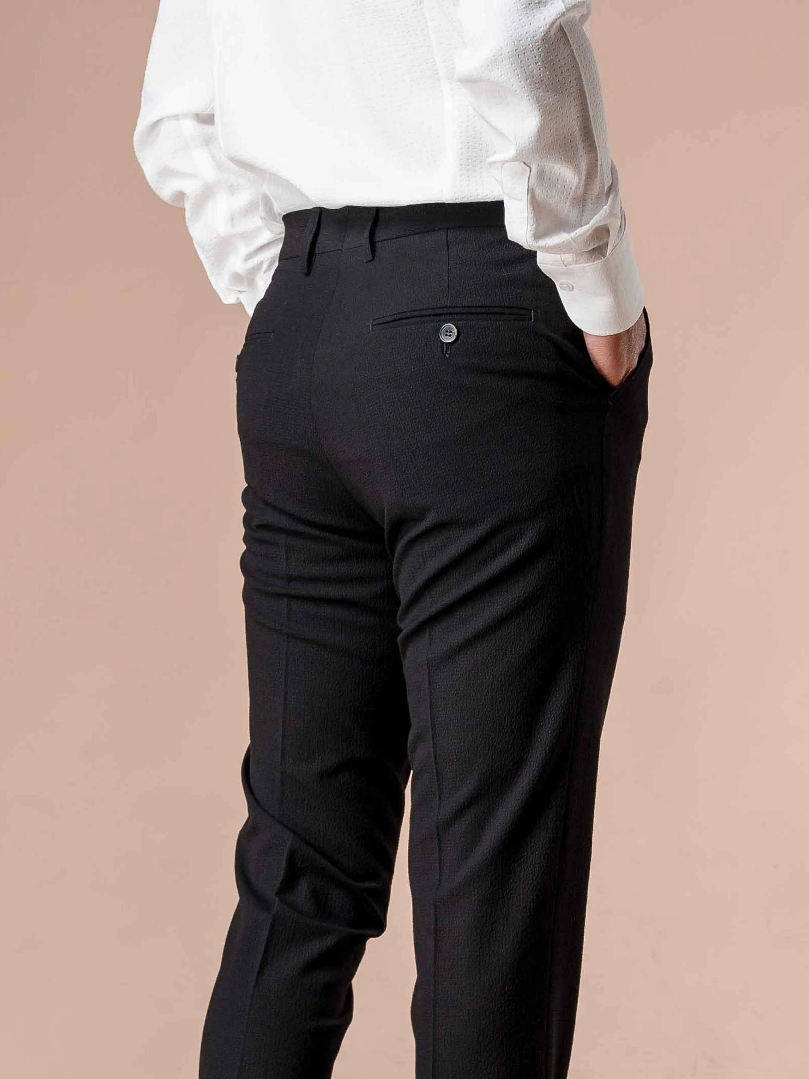 Trousers With Belt Loop - Seersucker Black Plain (Stretchable)