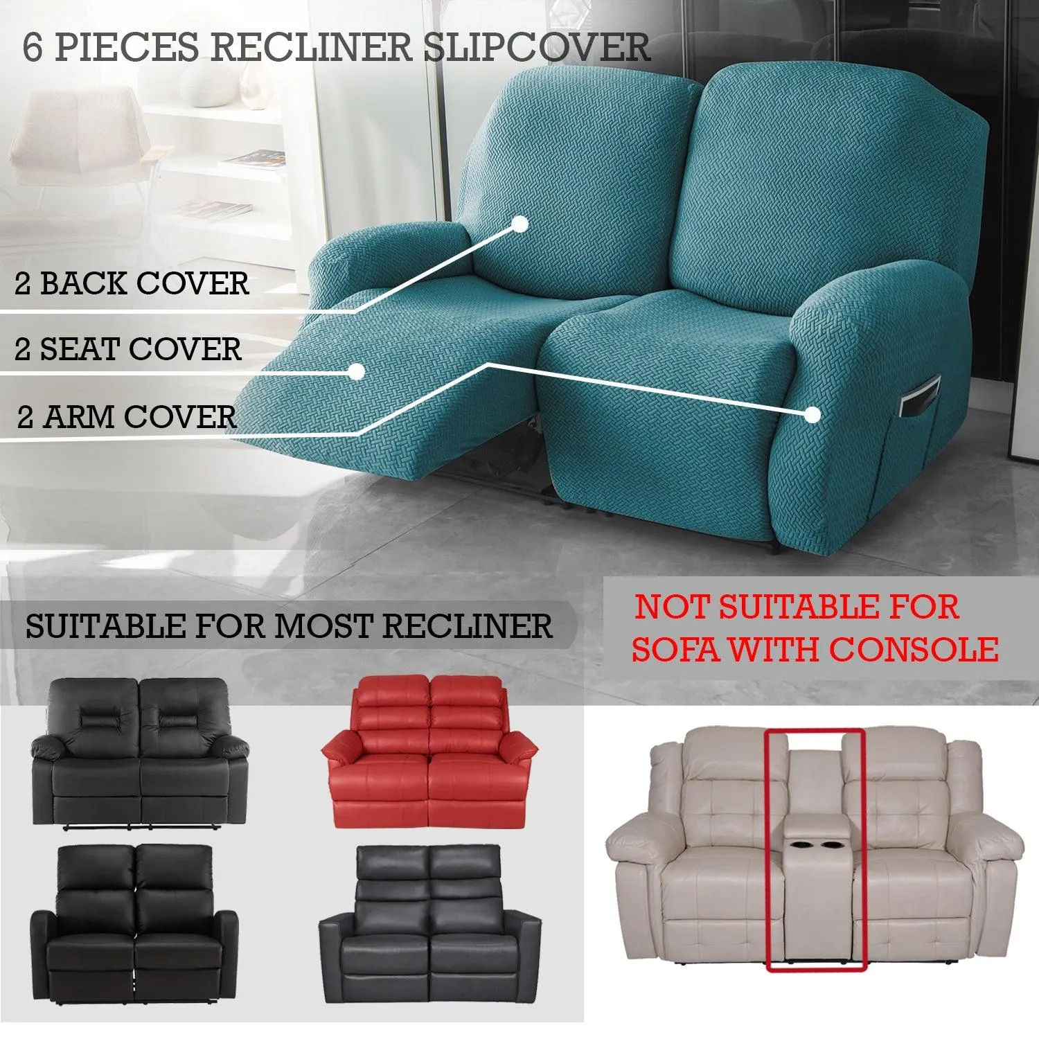 Turquoise Jacquard Recliner Sofa Cover | Non-Slip & Full Fitted