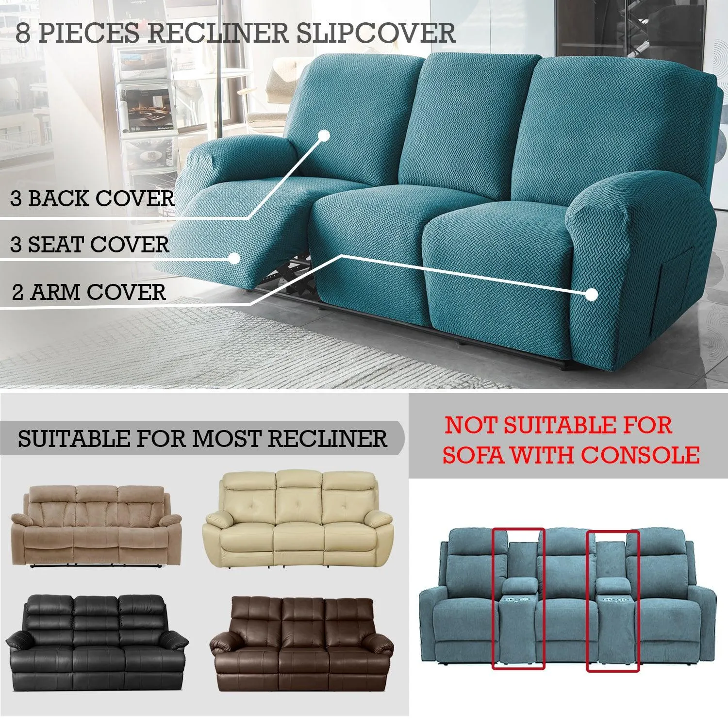 Turquoise Jacquard Recliner Sofa Cover | Non-Slip & Full Fitted