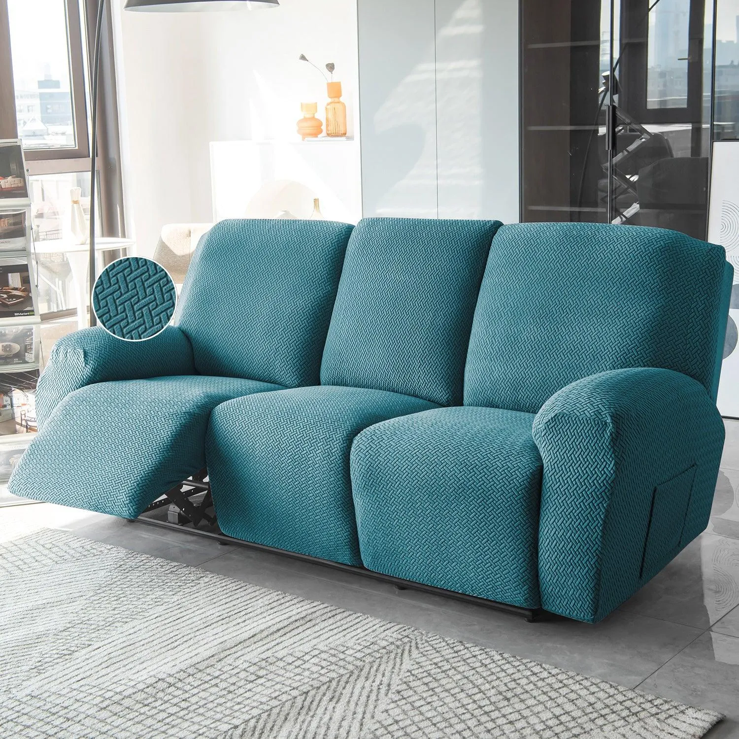 Turquoise Jacquard Recliner Sofa Cover | Non-Slip & Full Fitted