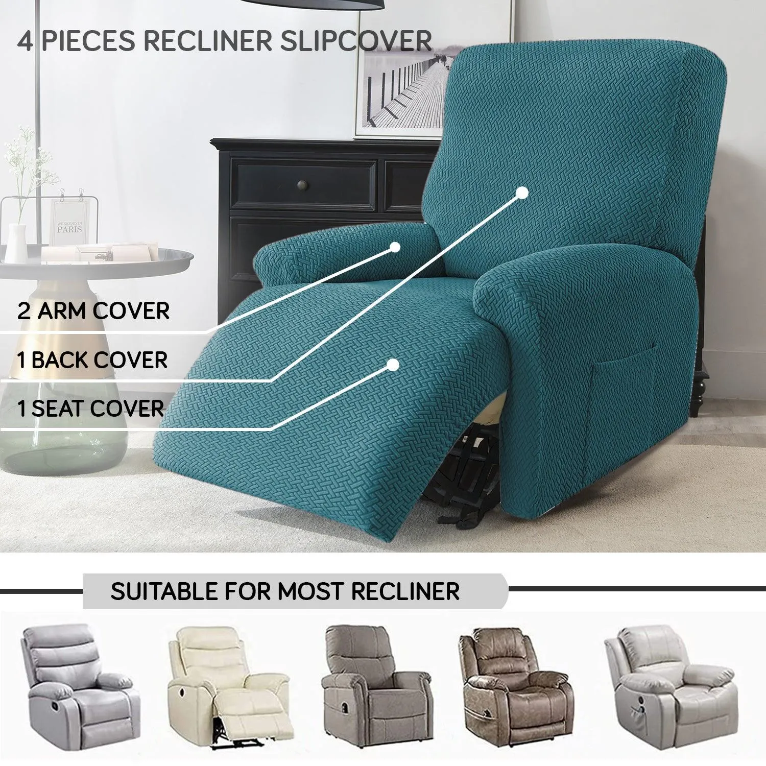 Turquoise Jacquard Recliner Sofa Cover | Non-Slip & Full Fitted