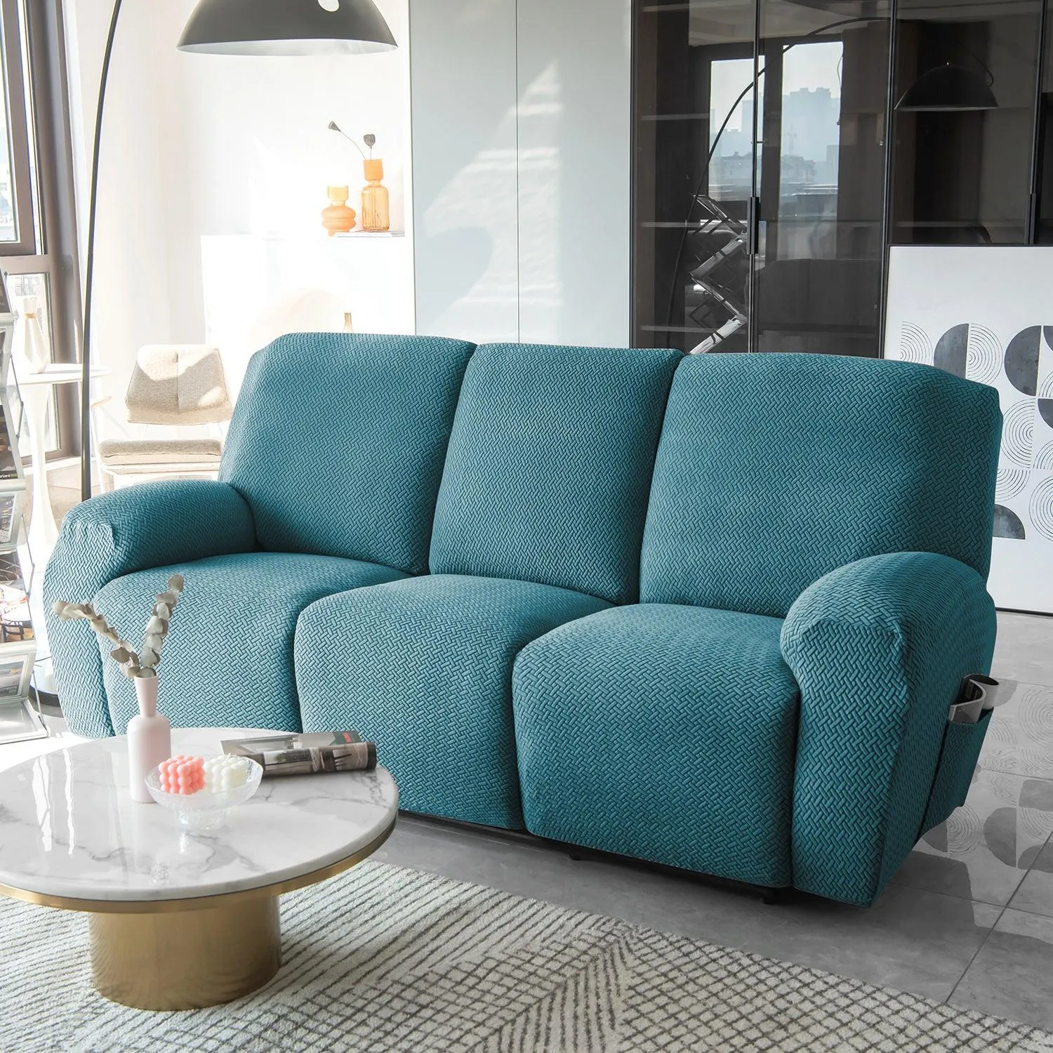 Turquoise Jacquard Recliner Sofa Cover | Non-Slip & Full Fitted