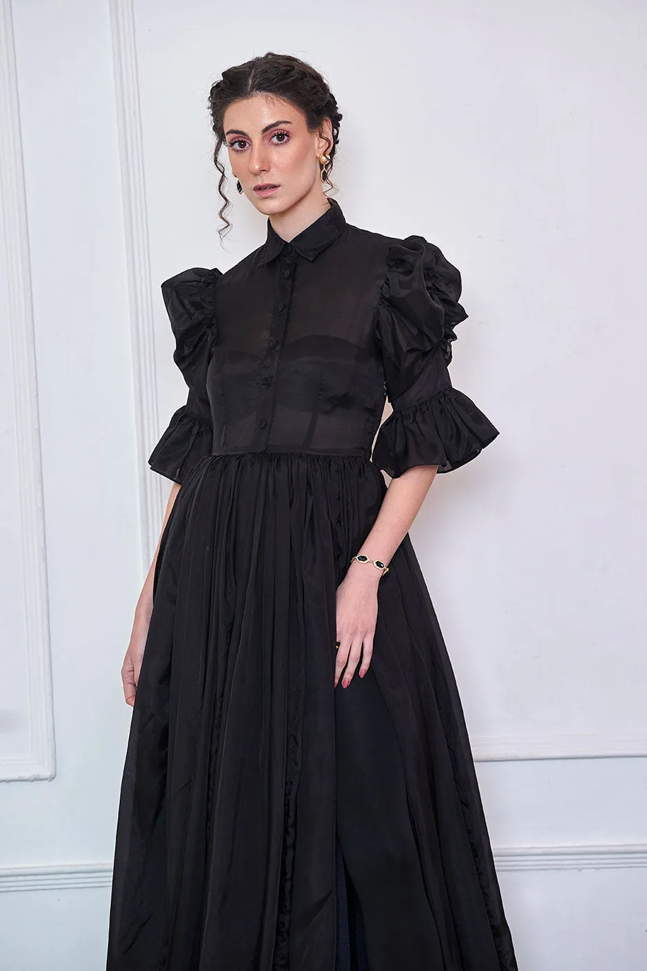 Unforgotten tales of Organza Black Maxi Shirt Dress