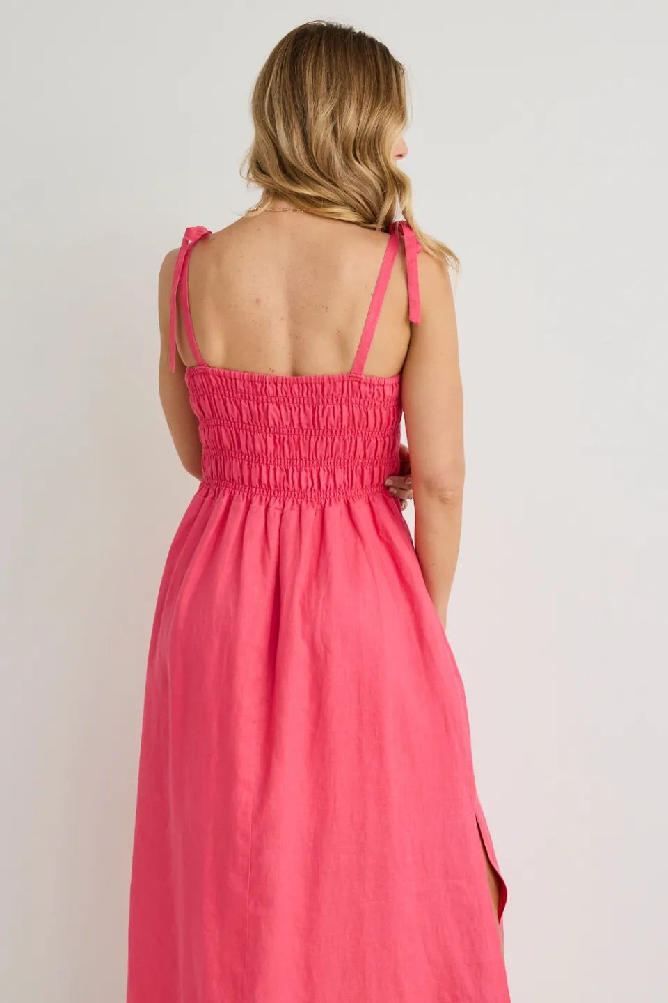 Vacation Fuchsia Strappy Shirred Midi Dress