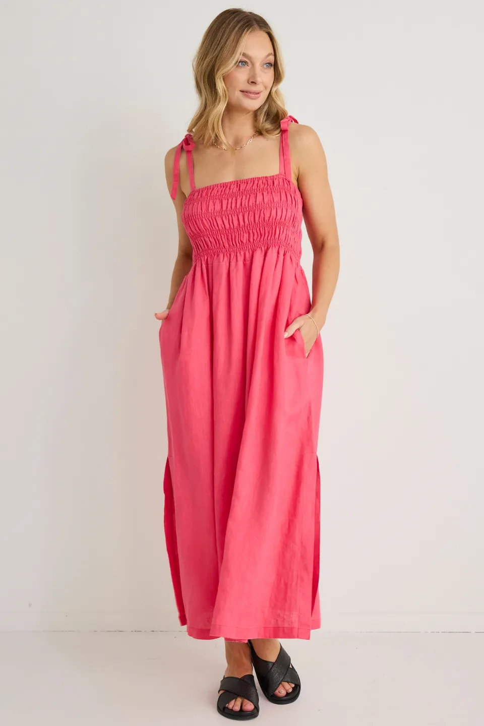 Vacation Fuchsia Strappy Shirred Midi Dress