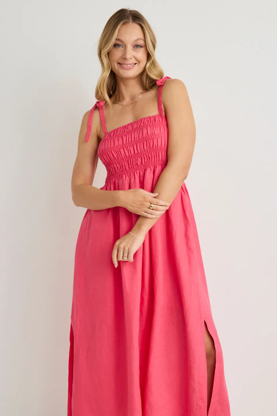 Vacation Fuchsia Strappy Shirred Midi Dress