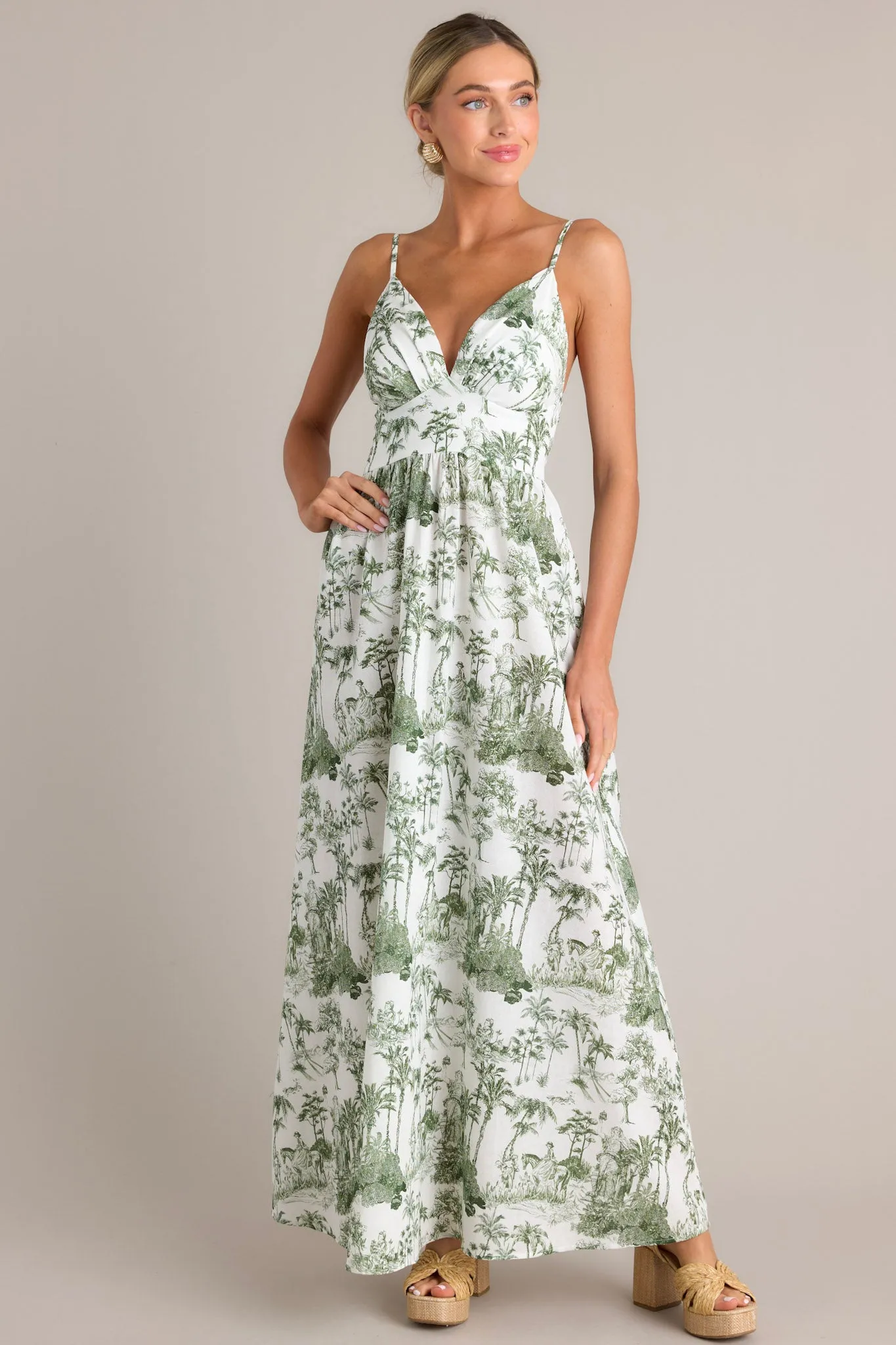 Vacay Mode Green Toile Cotton Linen Blend Maxi Dress