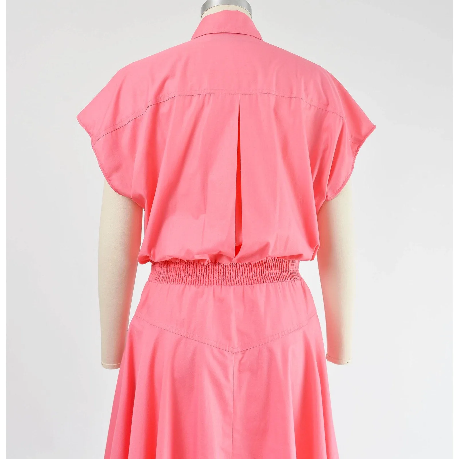 Vintage 80s Pink Shirt Dress Cap Sleeve Collared Button Front Full Midi Skirt with Pockets size S M