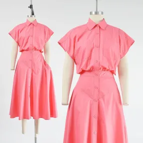 Vintage 80s Pink Shirt Dress Cap Sleeve Collared Button Front Full Midi Skirt with Pockets size S M